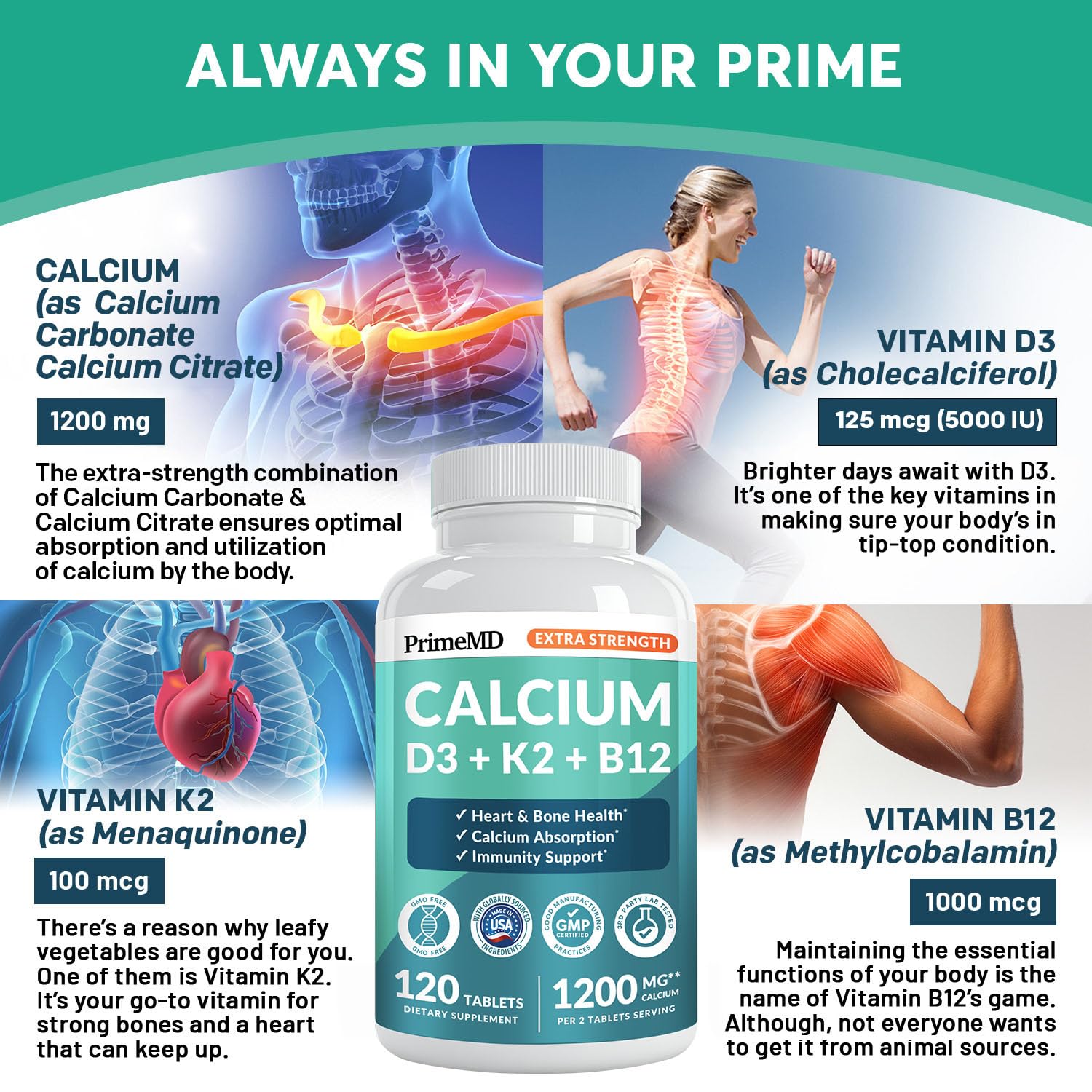 4-in-1 Calcium 1200 mg with Vitamin D3 K2 - Extra Strength Calcium Supplements for Women & Men with D3 K2 Vitamin 5000 IU - Everyday Vitality Supplement