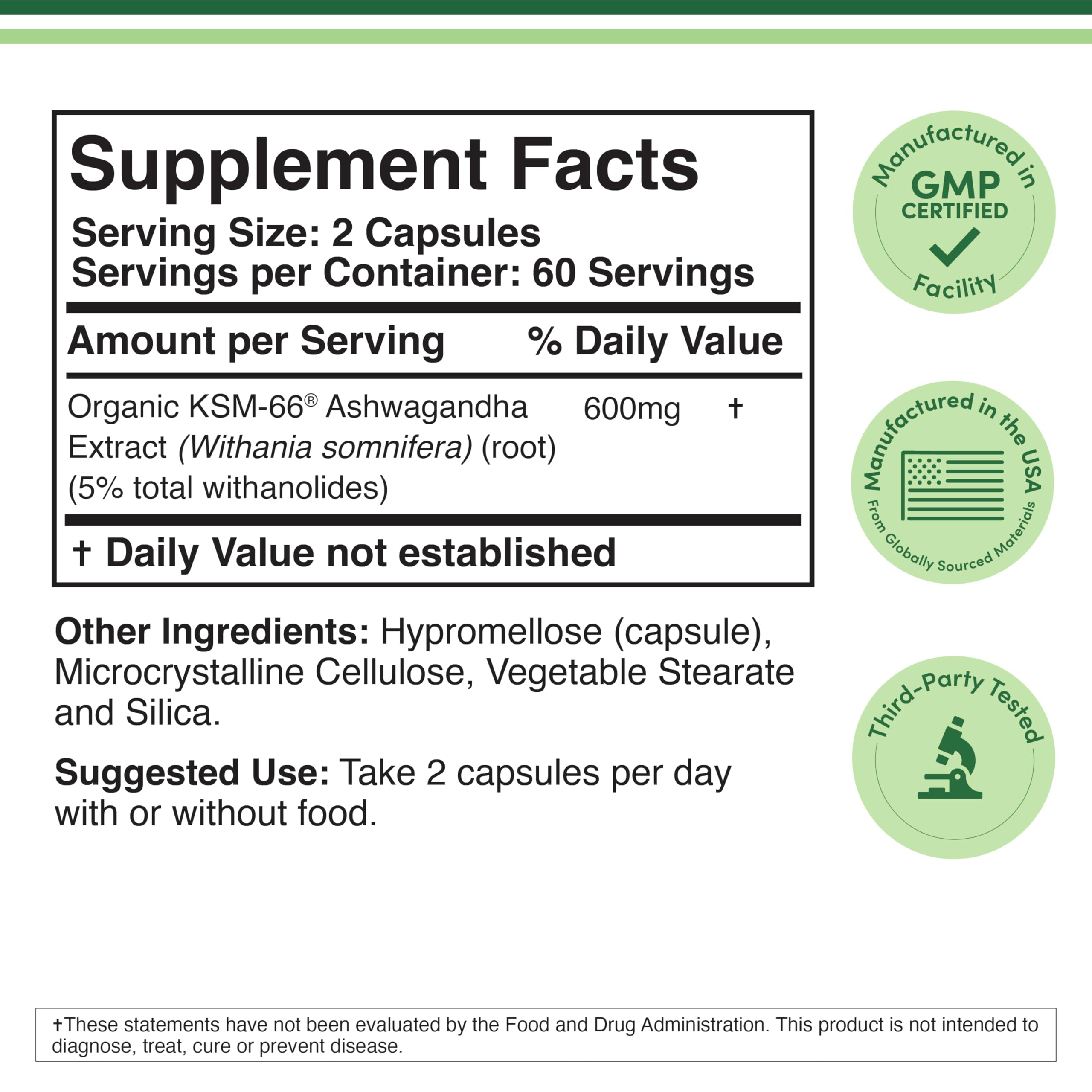 Double Wood Supplements Ashwagandha KSM 66 Organic and Clinically Studied Extract (600mg Per Serving, 120 Capsules, 60 Servings)