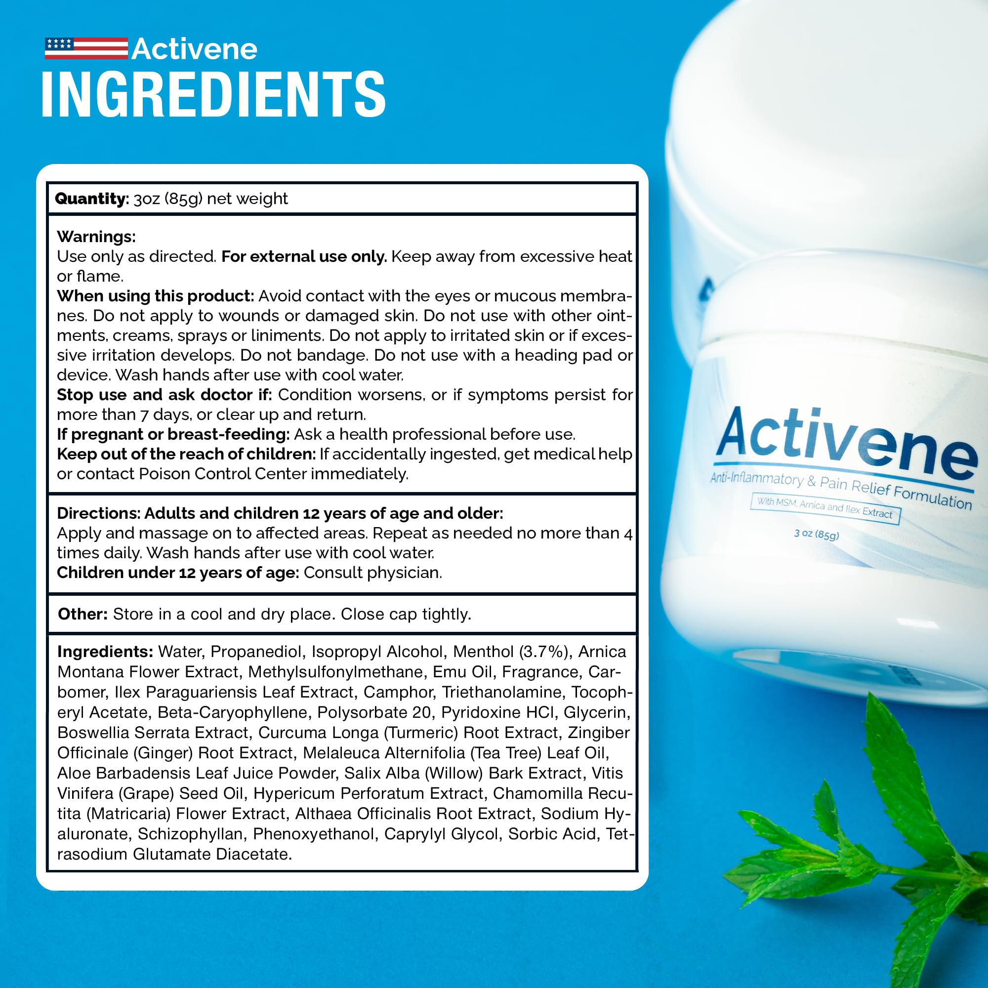 Activene Pain Relief Cream - Anti Inflammatory formulation with Powerful Arnica, Menthol & MSM for Joints, Tendons & Muscles. Chosen by Sufferers of Arthritis, Knee, Shoulder, Neck, Back & Other Pains Activene Au supplements