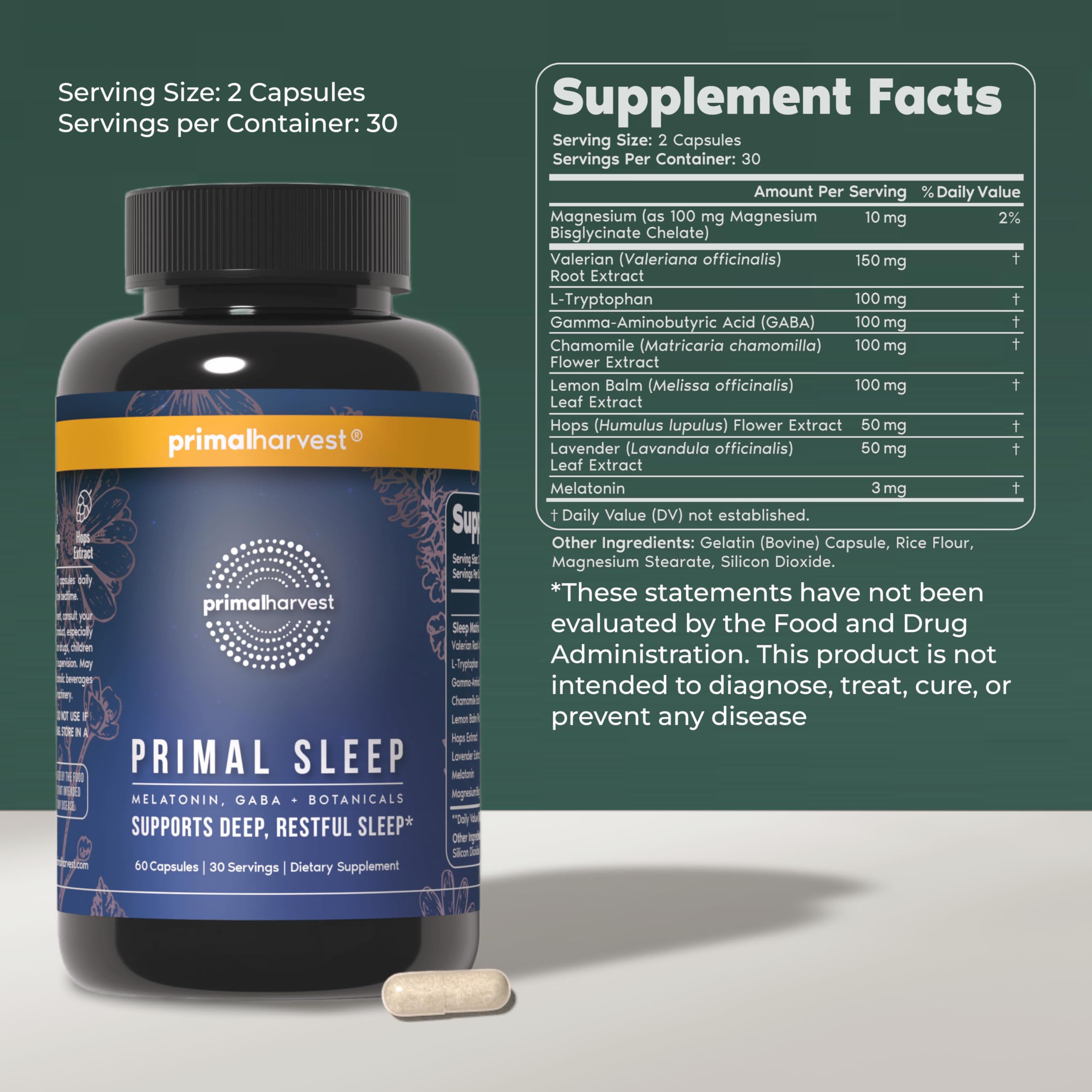 Primal Harvest Primal Sleep Support Supplement for Adults with Melatonin, GABA, Valerian Root, L-Tryptophan, Magnesium Bisglycinate Chelate