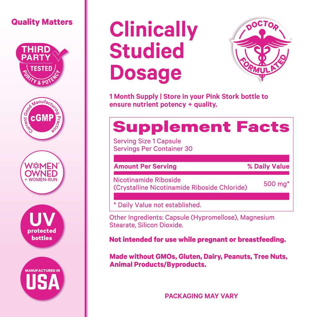 Pink Stork NAD+ Supplement for Women | 500mg Nicotinamide Riboside NR | Clinically-Studied Pure NMN Powder | Brain + Cognitive Support |Energy, Skin Essentials Over 30 | 1 Month Supply Pink Stork Au supplements