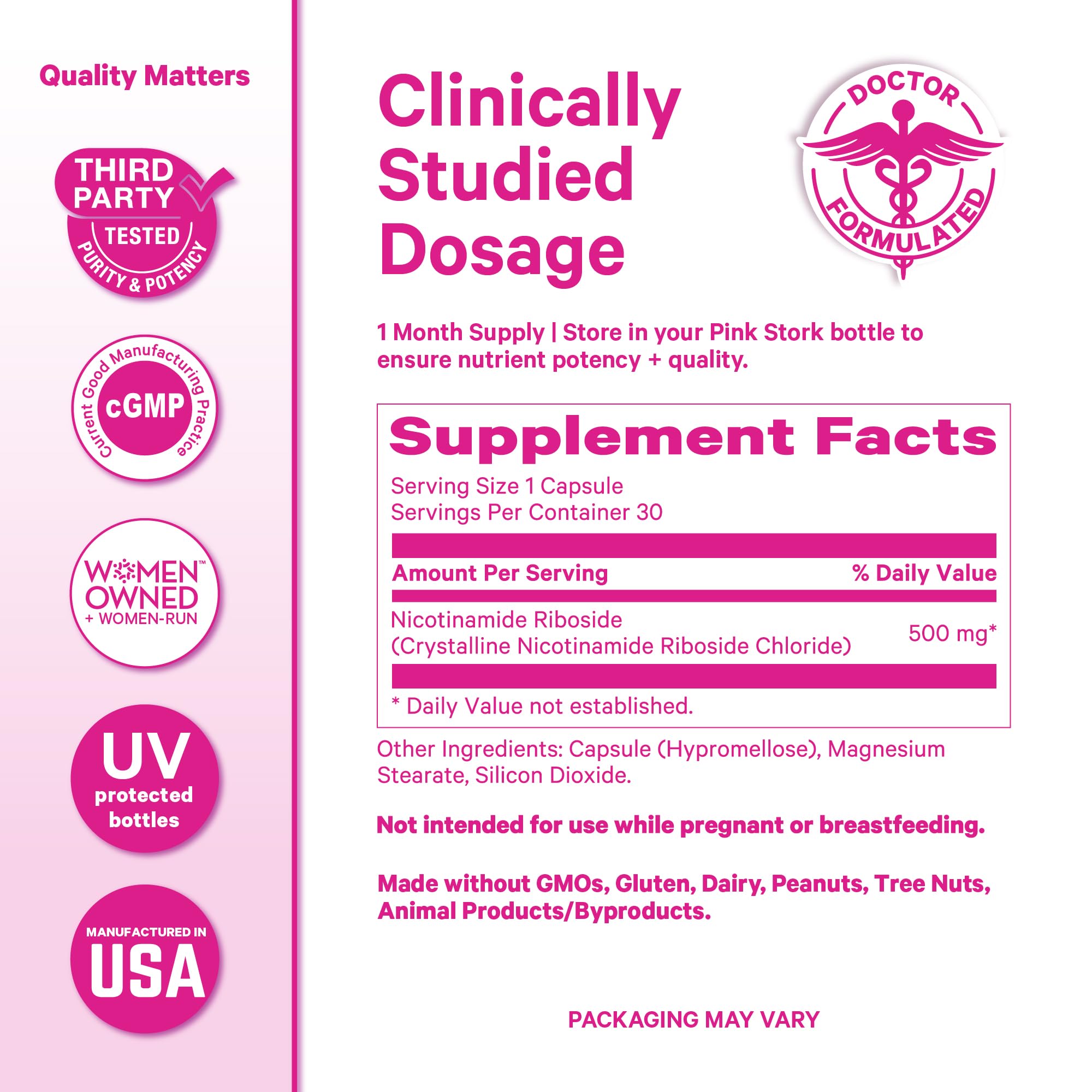 Pink Stork NAD+ Supplement for Women | 500mg Nicotinamide Riboside NR | Clinically-Studied Pure NMN Powder | Brain + Cognitive Support |Energy, Skin Essentials Over 30 | 1 Month Supply Pink Stork Au supplements