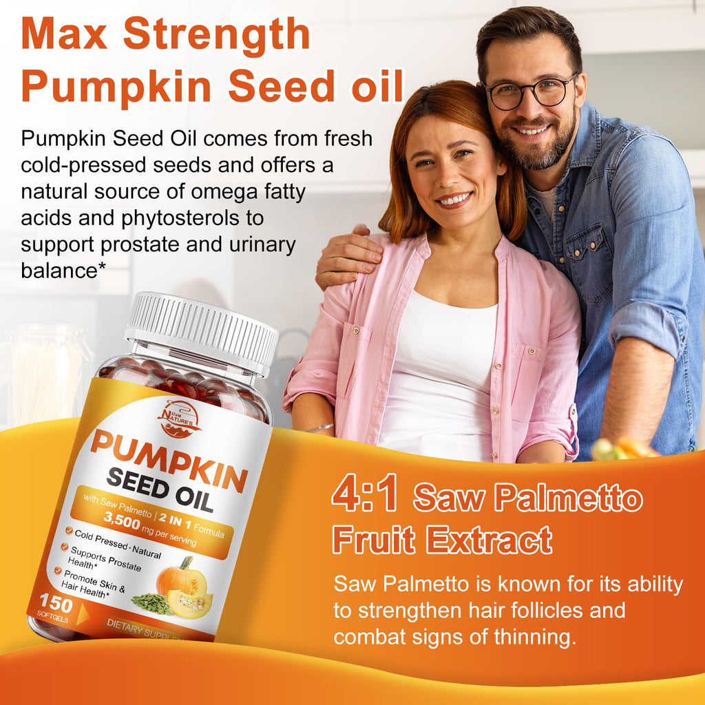 Pumpkin Seed Oil with Saw Palmetto, 3500mg Max Strength per Serving, 150 Softgels, Cold-Pressed with Essential Fatty Acids & Phytosterols, Supports Immune