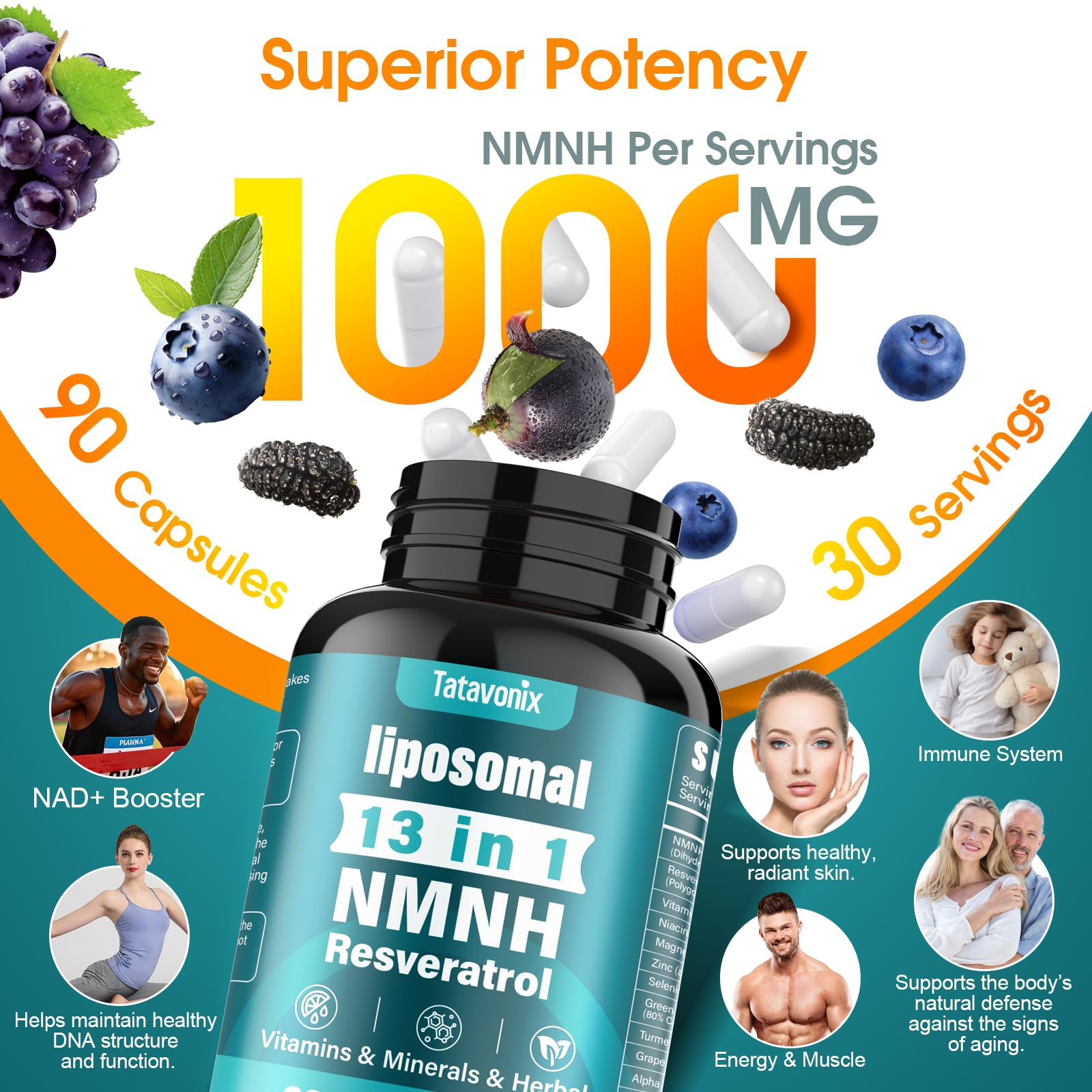 NMNH (Dihydronicotinamide Mononucleotide) 1000mg per Serving - NMN Alternative with Liposomal NAD+, Resveratrol & PQQ| Non-GMO, Gluten-Free | Supports Energy, Focus & Healthy Aging | 90 Capsules Tatavonix Au supplements