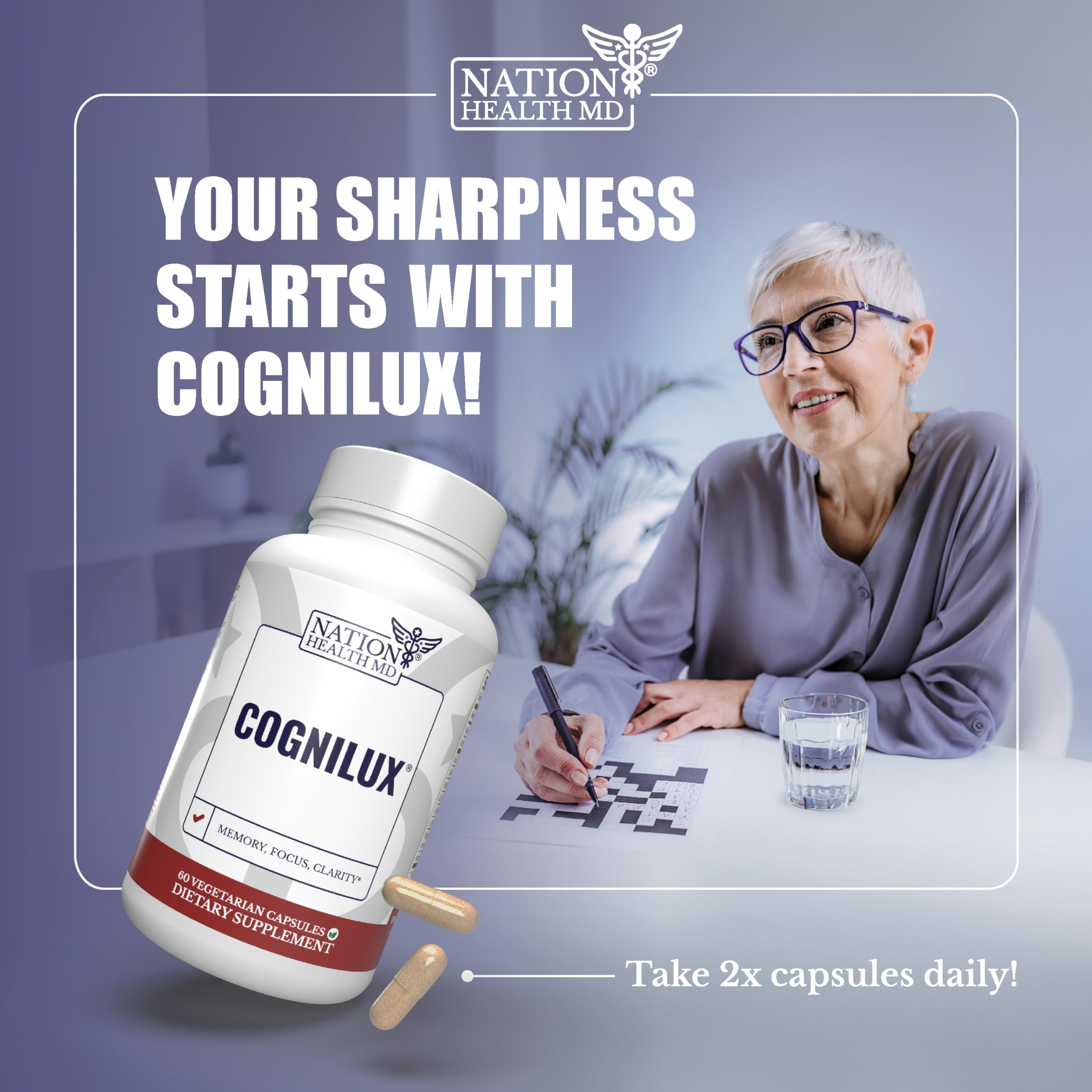 NATION HEALTH MD Cognilux - Brain Supplements for Memory and Focus - Nootropic Focus Supplement with Niacin, Vitamin B6, GABA and More - Memory Supplement for Brain, Brain Health NATION HEALTH MD Au supplements