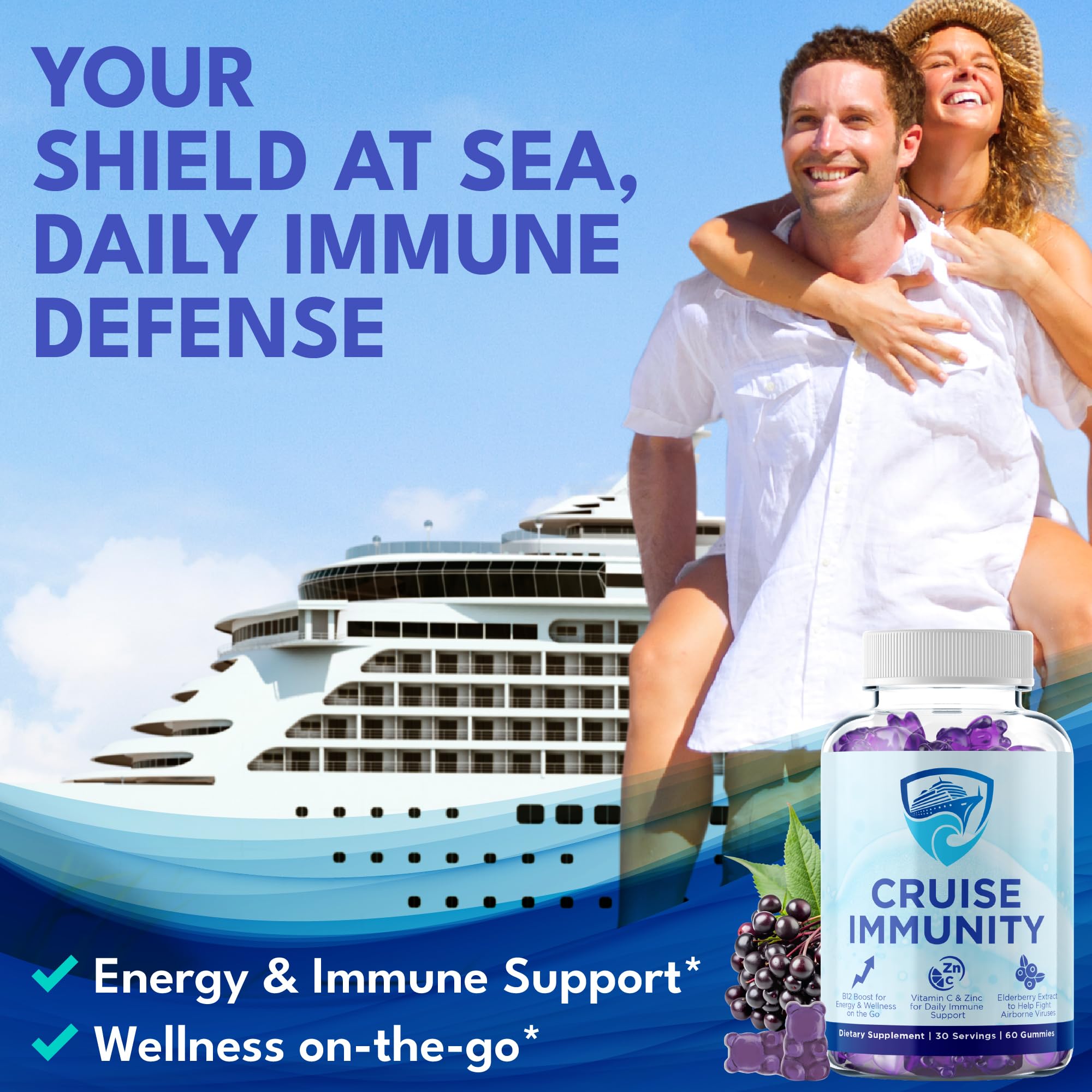 CRUISE IMMUNITY Immune Support Gummies for Cruisers with Vitamin C, B12, Zinc, Elderberry Extract, 60 Gummies, 30 Servings