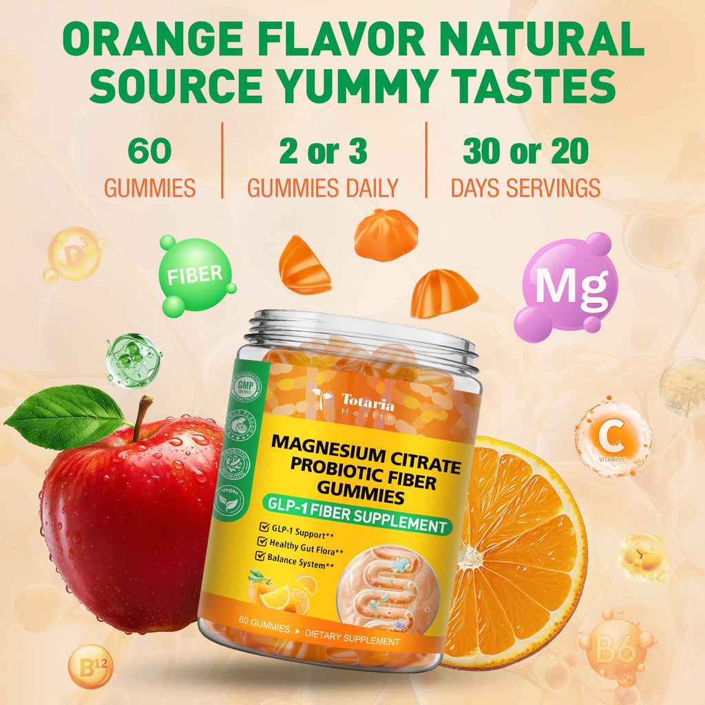 15-in-1 Magnesium Citrate Fiber Gummies with Probiotic Prebiotic for Digestion,  Fiber Supplement with Magnesium Citrate 300mg, Apple Cider Vinegar 500mg, Acacia, B6, B12, 60 Orange Vegan Gummies