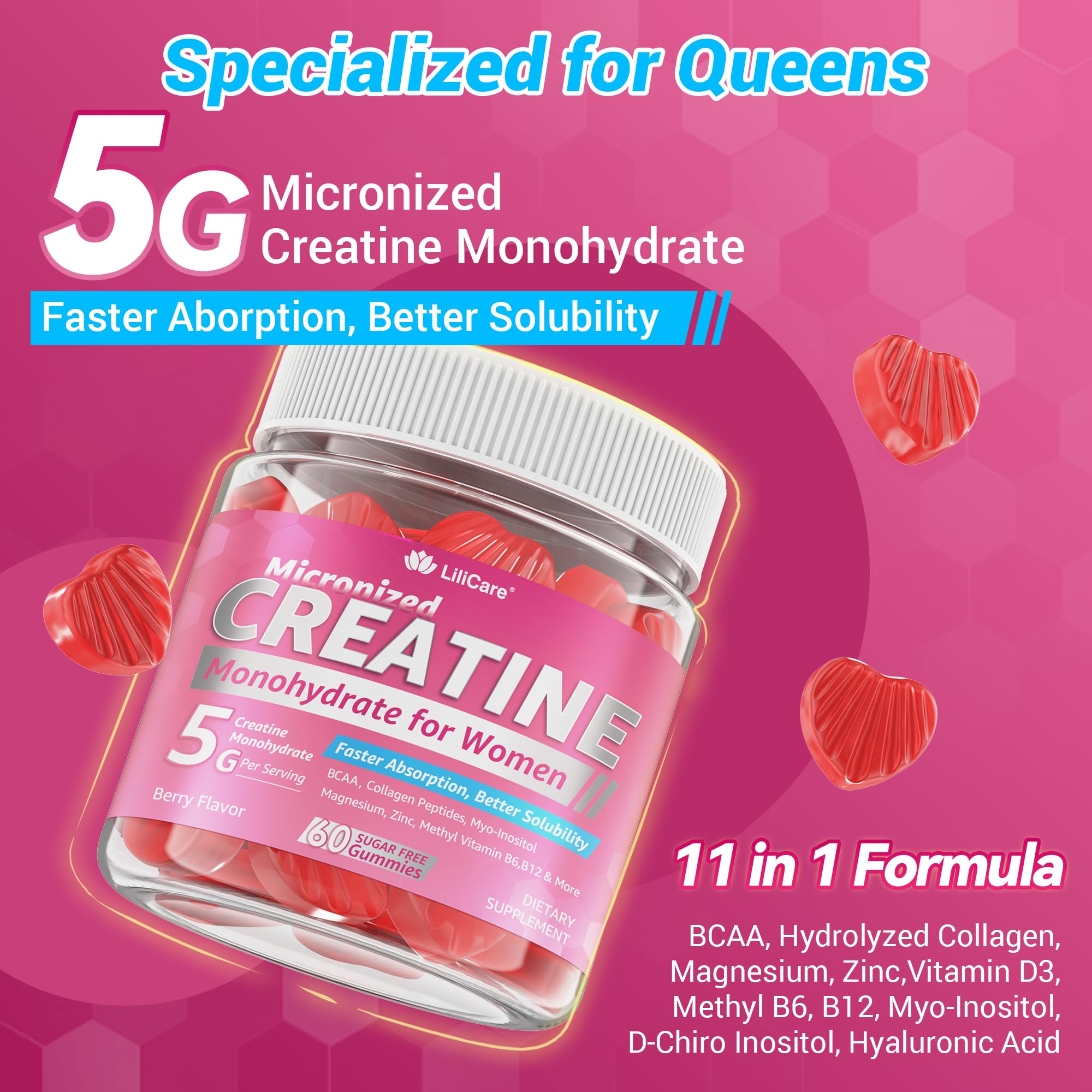 Creatine for Women Gummies, Micronized Creatine Monohydrate + Myo-Inositol, Collagen Peptides, BCAAs, Hyaluronic Acid, Vitamin B6 B12, Zinc for Enërgy, Föcus, Hörmonal Balance, Sugar Free, 120 Counts LILICARE Au supplements