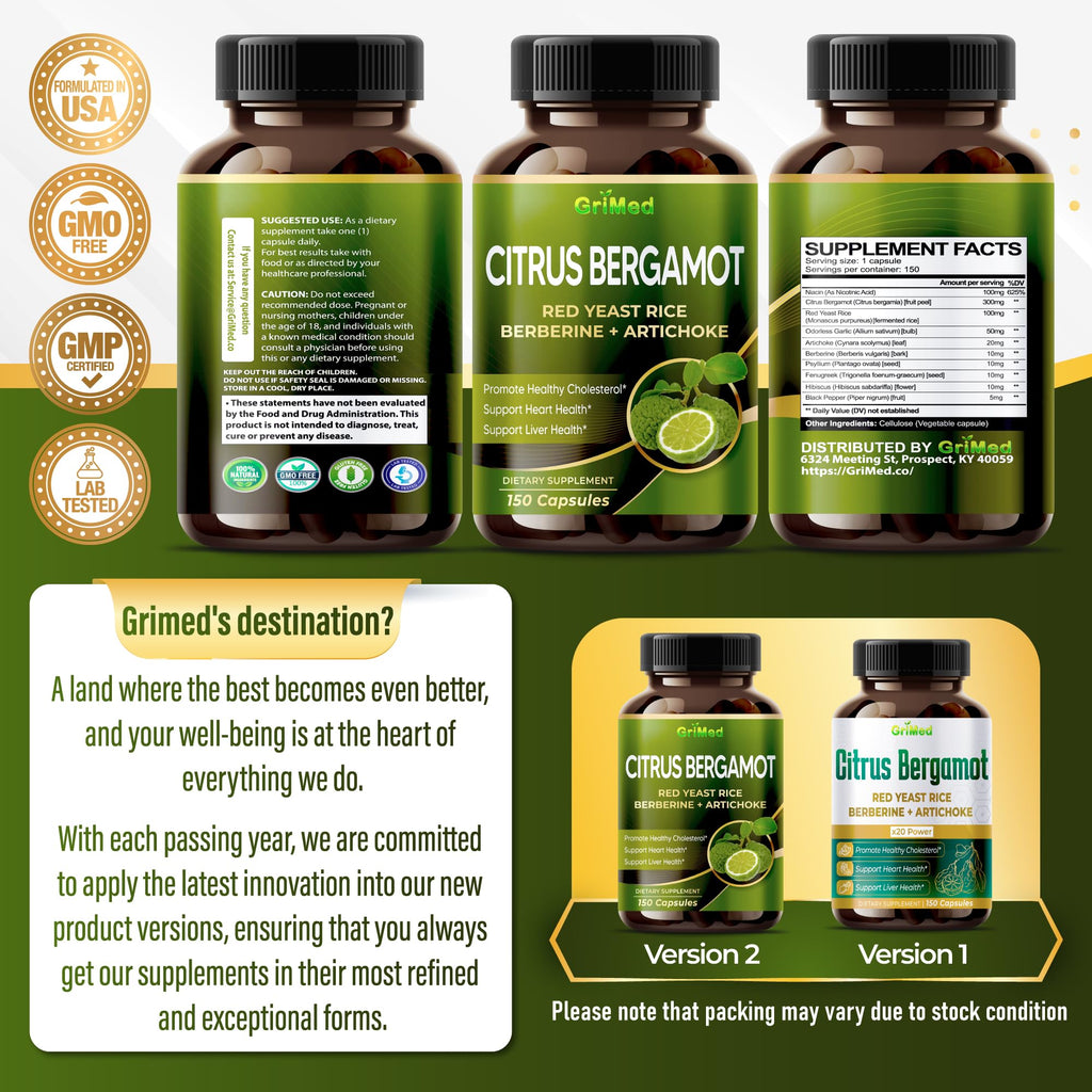 Citrus Bergamot with Red Yeast Rice, Garlic, Artichoke for Healthy Cholesterol, Heart Health (150 Count (Pack of 1))