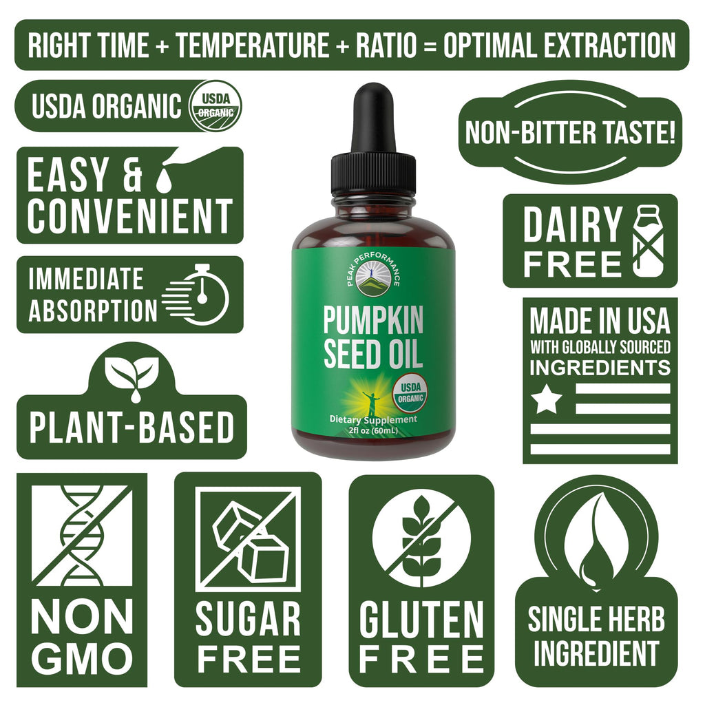 Pumpkin Seed Oil. USDA Organic Vegan Liquid Drops Extract for Women and Men. Supplement for Hair Growth, Skin Health, UT, Prostate Support. Zero Sugar, Gluten Free. Take Orally No Capsules Peak Performance Au supplements