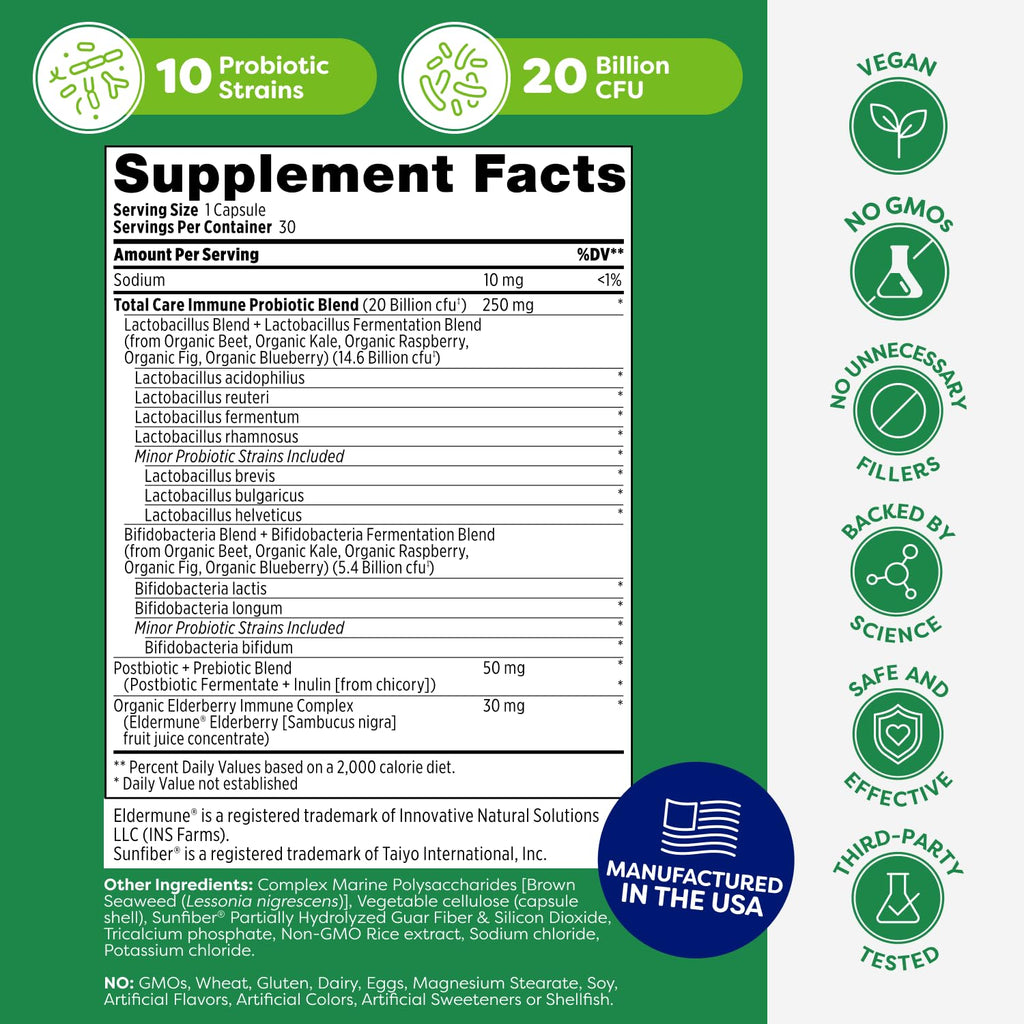 Probulin Total Care Immune = Prebiotics + Probiotics + Postbiotics + Elderberry to Support Immune & Gut Health - 20 Billion CFU - 10 Probiotic Strains, 30 Vegan Capsules Probulin Au supplements