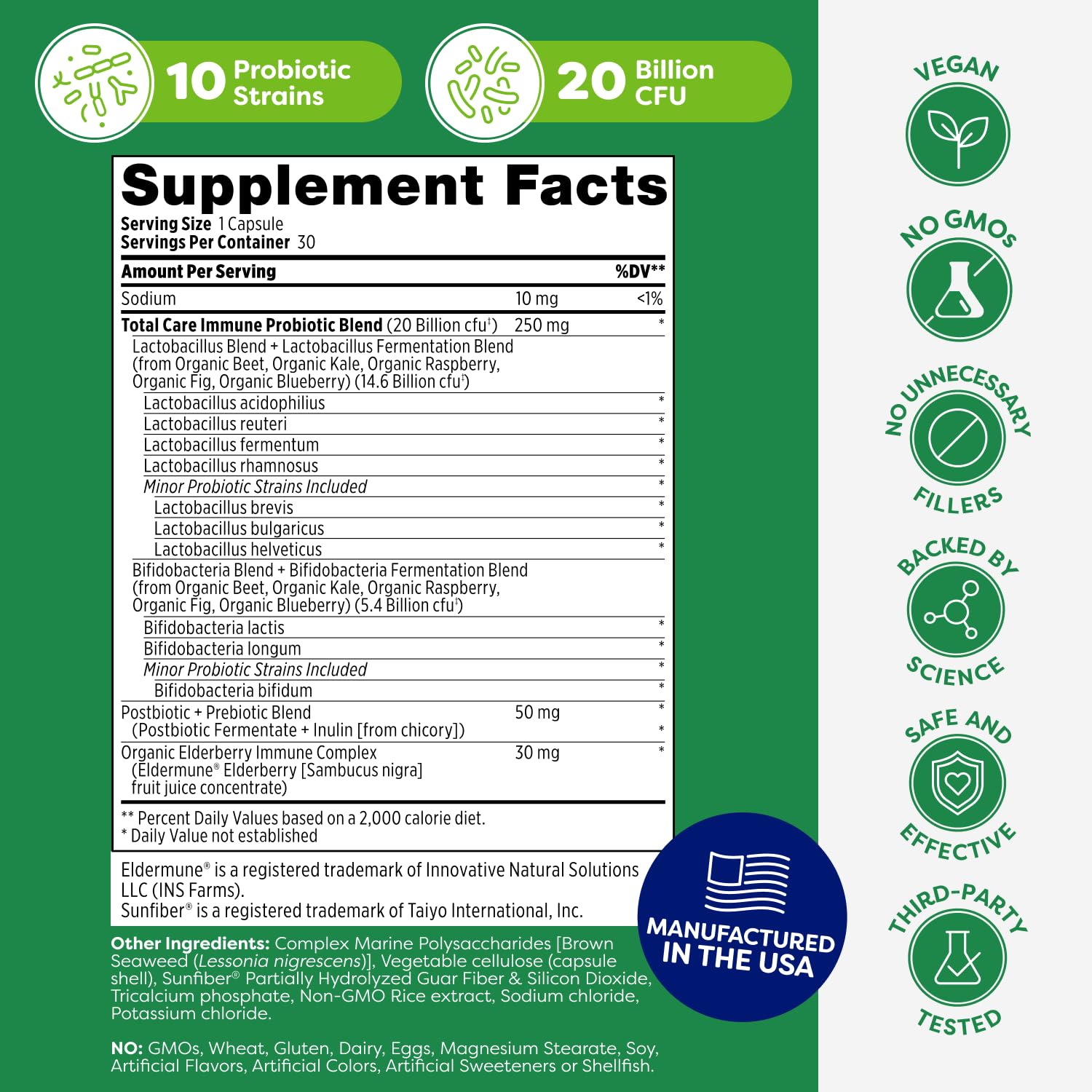 Probulin Total Care Immune = Prebiotics + Probiotics + Postbiotics + Elderberry to Support Immune & Gut Health - 20 Billion CFU - 10 Probiotic Strains, 30 Vegan Capsules Probulin Au supplements