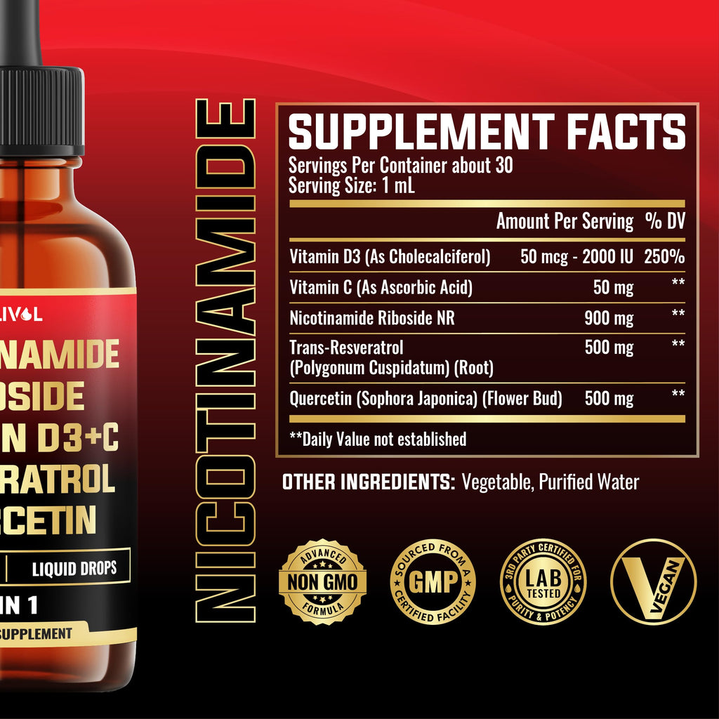 MILIVOL 5in1 NAD+ Liquid Drops w/Nicotinamide Riboside NR 900mg, Quercetin 500mg, Trans-resveratrol 500mg, Vitamin D3-C - Cellular Energy & Repair, Vitality, Healthy Aging - 1FL Oz - 1 Month Supply MILIVOL Au supplements