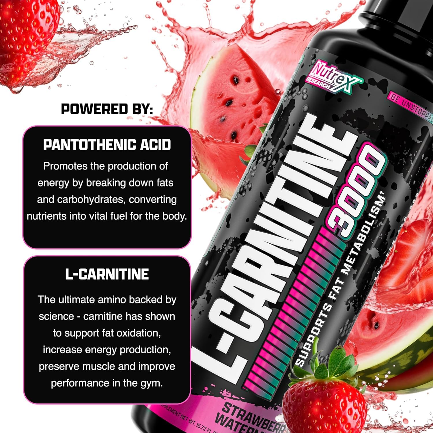 Nutrex Research L Carnitine 3000 - Clinically Dosed L-Carnitine Liquid for Energy, Metabolism & Muscle Recovery - Delicious Strawberry Watermelon - No Sugar, No Carbs