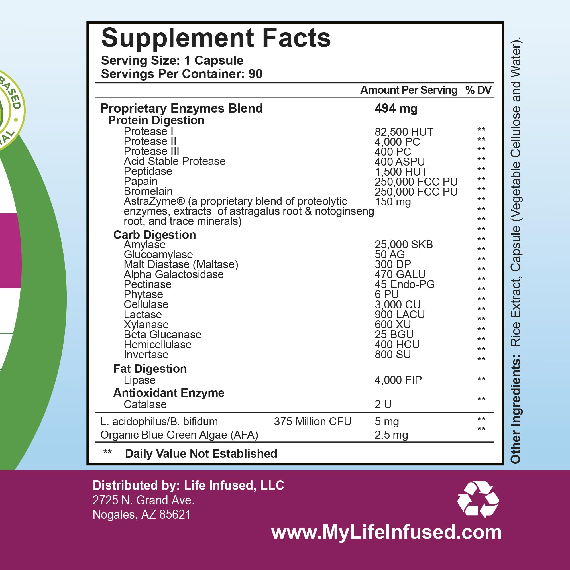 Life Infused Digestive Enzymes with Probiotics – 21 Plant-Based Enzymes with Bromelain, Papain, Amylase & Protease – Digestive Support for Gas & Bloating –