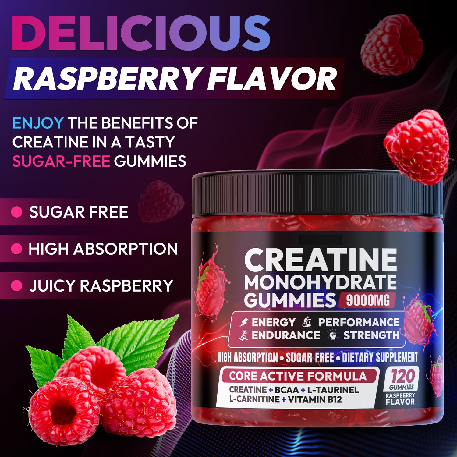 Cytona Creatine Gummies Monohydrate Complex 9000MG, Pre-Workout for Men & Women, Creatine Gummy with L-Taurine, BCAA 2:1, B12/6 for Muscle Support