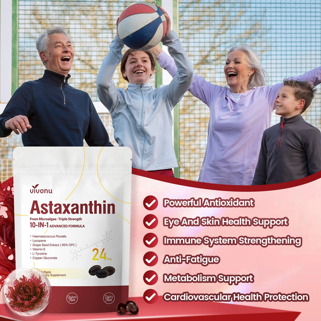 10 in 1 Astaxanthin Supplements 24mg, 4 Month Supply, Astaxantina Antioxidant from Fresh Haematococcus Pluvialis, Contains Lycopene, Grape Seed, Vitamin E