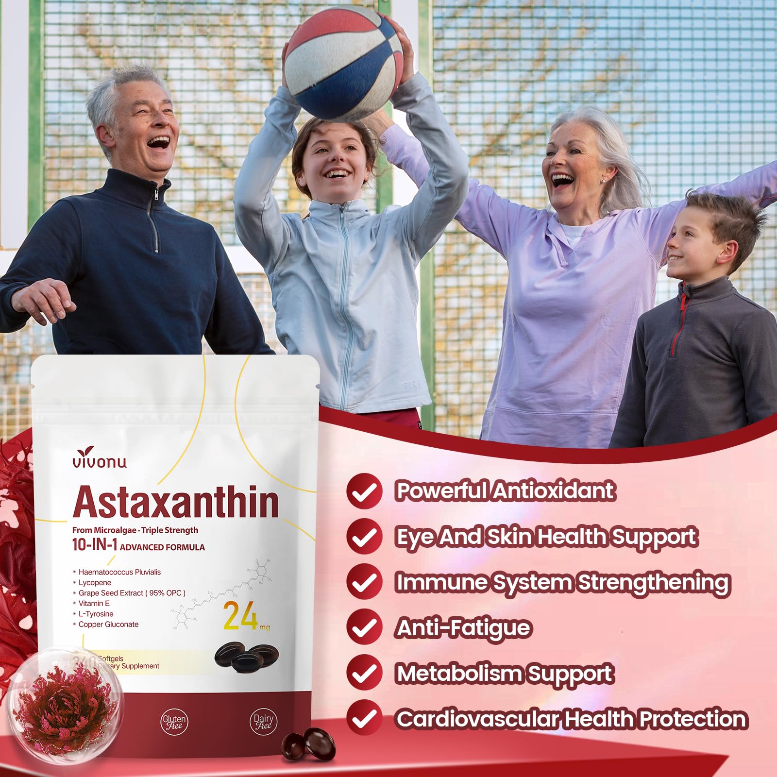 10 in 1 Astaxanthin Supplements 24mg, 4 Month Supply, Astaxantina Antioxidant from Fresh Haematococcus Pluvialis, Contains Lycopene, Grape Seed, Vitamin E