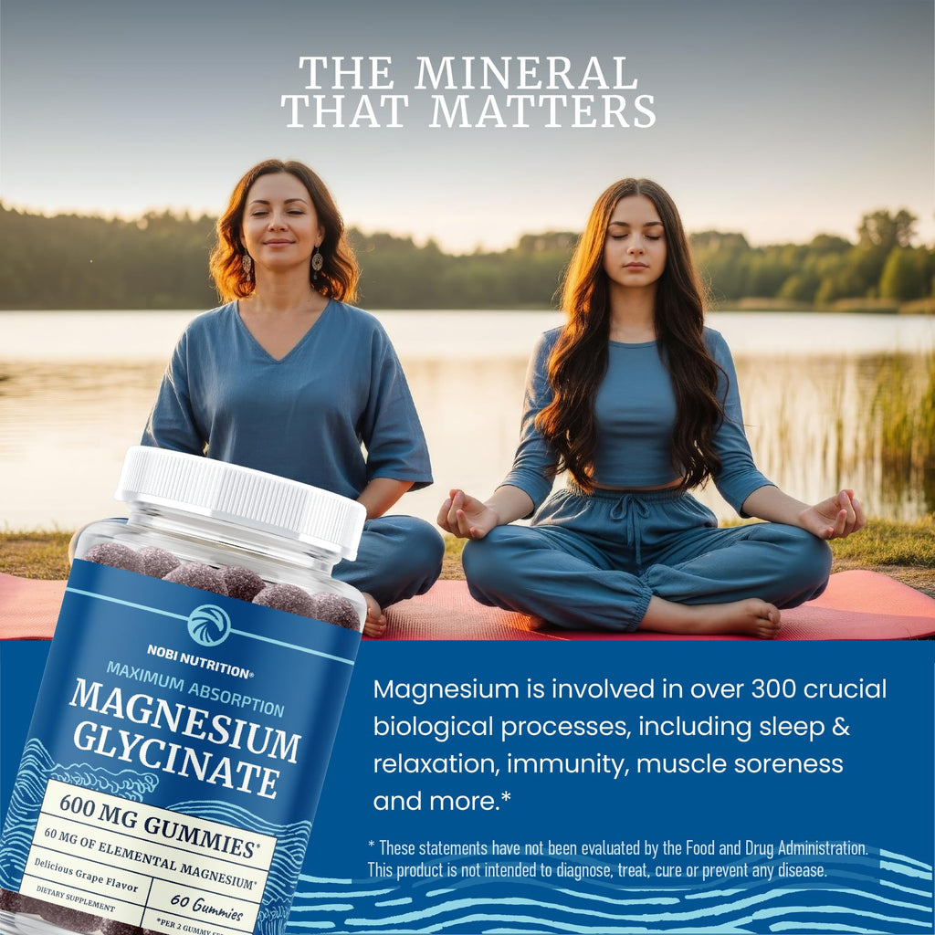 Magnesium Glycinate Gummies 600MG | Sleep, Calm & Relaxation Support | 60MG Elemental Mag Per Serving | Grape Flavor, Gluten-Free | High Absorption Magnesium Gummies for Women, Men & Family | 60 Ct