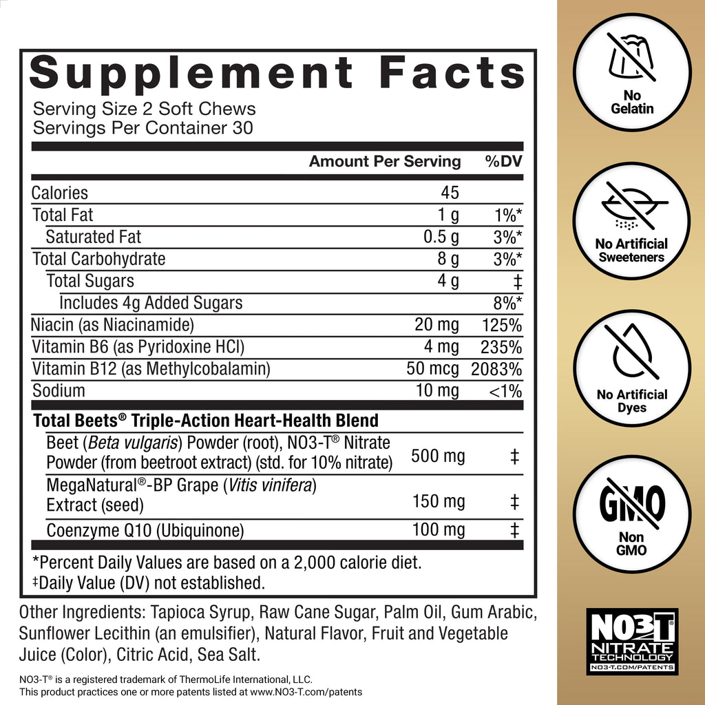 Force Factor Total Beets Ultimate Heart Health Chews for Blood Pressure Support, with Beetroot Powder, CoQ10, B Vitamins & Grapeseed Extract for Blood Flow