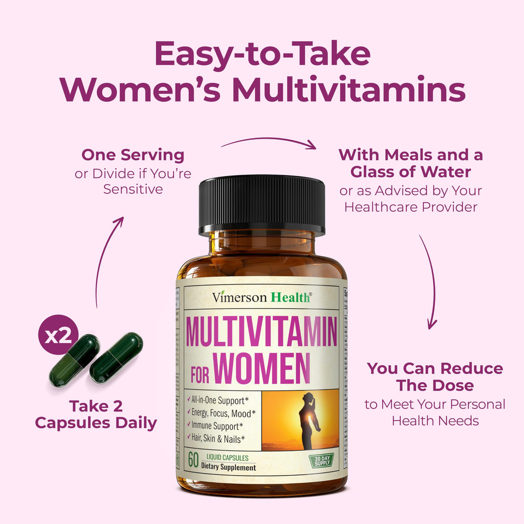 Multivitamin for Women with Bioavailable Vitamins, Minerals, Vitamin D, B12, C, A & Zinc for Energy, Focus and Immune Health – Premium Womens Multivitamins & Multiminerals – 60 Liquid Caps Vimerson Health Au supplements