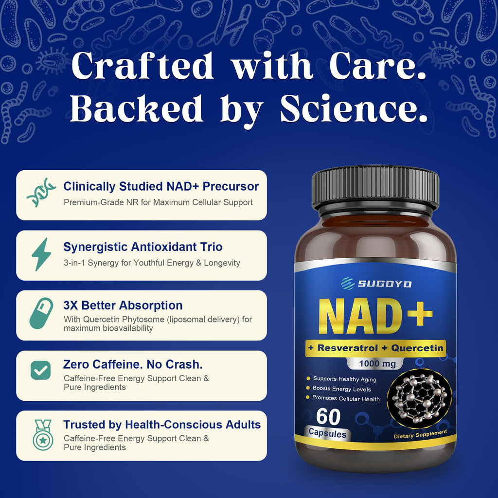 SUGOYO NAD+ Supplement 1000mg Liposomal Nicotinamide Riboside Enhanced with Resveratrol & Quercetin, Anti-Aging & Energy Boost, NMN Alternative, NAD Supplement for Women & Men (60 Count (Pack of 1)) SUGOYO Au supplements