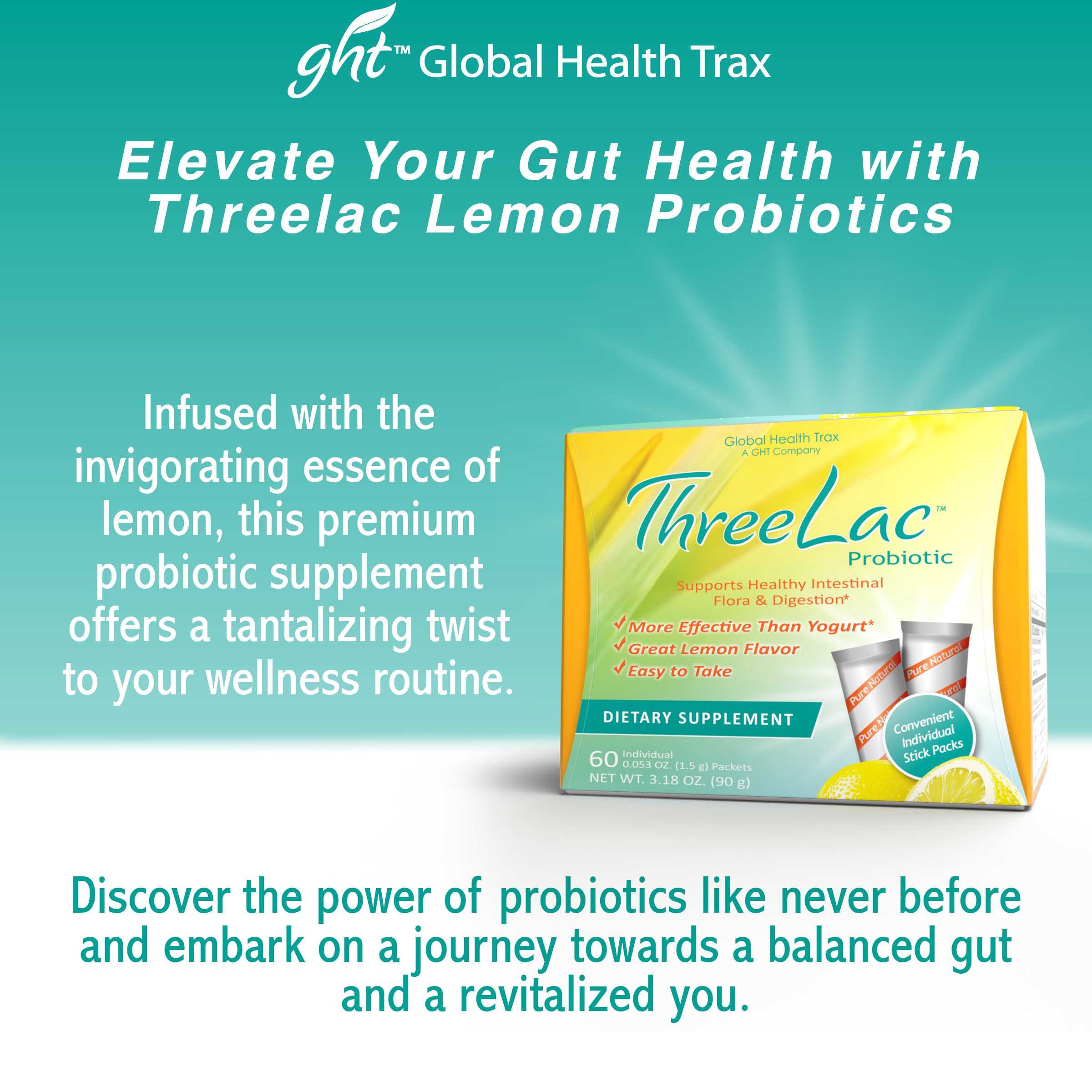 Global Health Trax ThreeLac Lemon Probiotic Drink Mix for Digestive Health - Advanced Probiotic Powder Formula for Men, Women, and Kids - Immune Support & Gut Balance, Non-GMO - 120 Packets ght Global Health Trax Au supplements