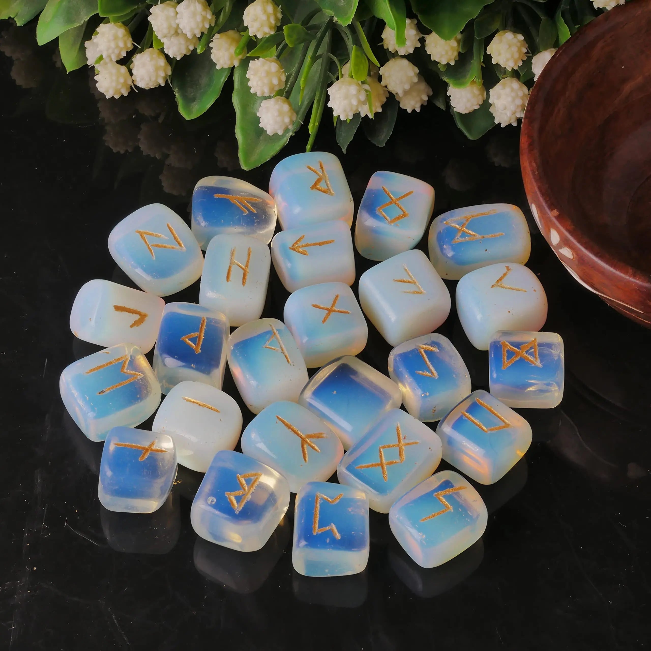 Opalite Rune Stone - Rune Set - Engraved Elder Futhark Alphabet Symbols - Witchcraft Crystals QUIPSA Au supplements