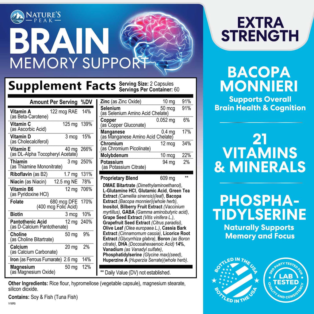 Brain Memory Supplement - 3X Strength Nootropics for Concentration, Clarity & Focus Support - Brain Health Cognitive Vitamins with Bacopa, Phosphatidylserine & DMAE, Brain Booster Pills, 120 Capsules Nature's Peak Au supplements