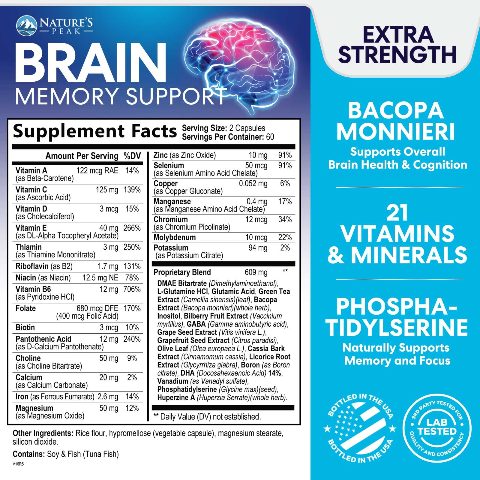 Brain Memory Supplement - 3X Strength Nootropics for Concentration, Clarity & Focus Support - Brain Health Cognitive Vitamins with Bacopa, Phosphatidylserine & DMAE, Brain Booster Pills, 120 Capsules Nature's Peak Au supplements