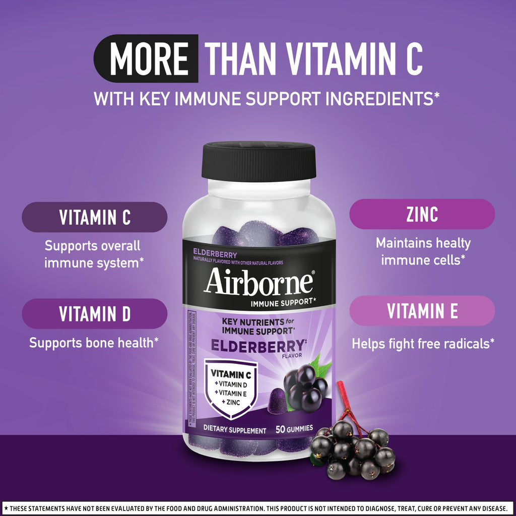 Airborne Elderberry + Zinc & Vitamin C Gummies For Adults, Immune Support Vitamin D & Zinc Gummies With Powerful Antioxidant Vitamins C D & E