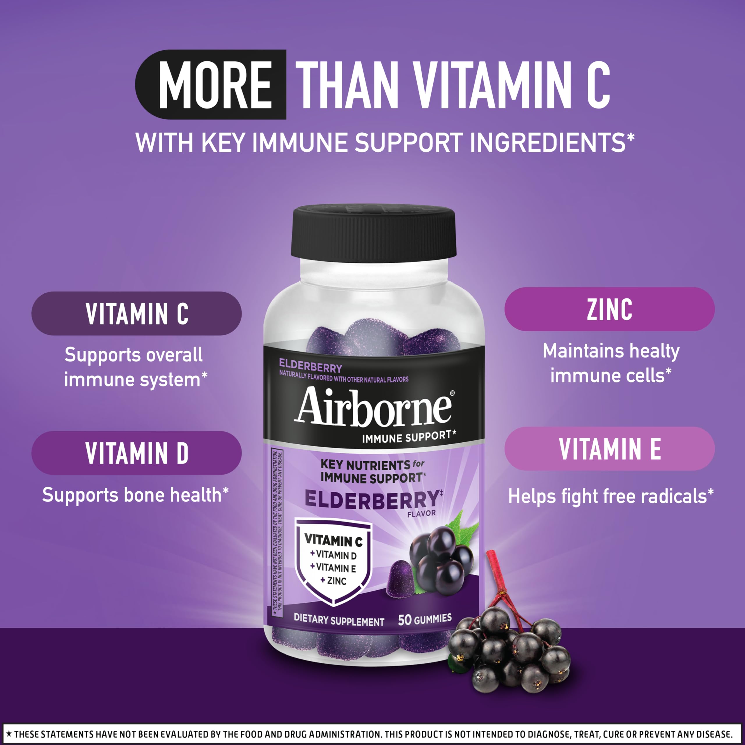 Airborne Elderberry + Zinc & Vitamin C Gummies For Adults, Immune Support Vitamin D & Zinc Gummies With Powerful Antioxidant Vitamins C D & E