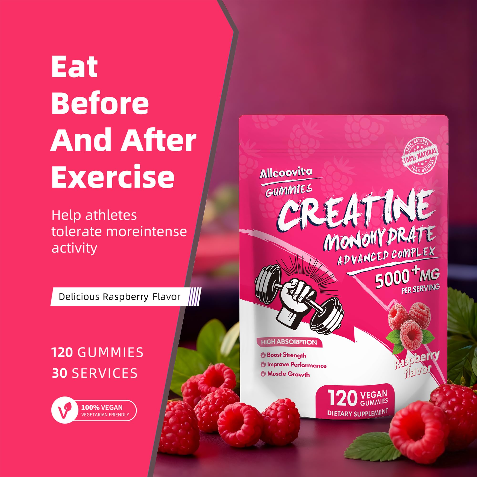 NSF Certified Creatine Gummy - Creatine Monohydrate Gummies 5000mg for Men & Women -120 Gummies Advanced Formula, Muscle Strength, Muscle Builder, Energy Boost, Pre-Workout Supplement-Raspberry Allcoovita Au supplements