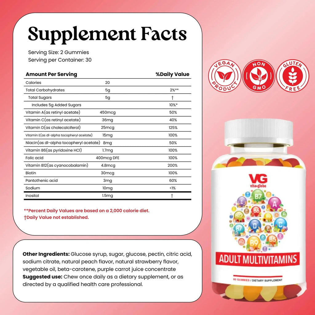 VITA GLOBE Adult Multivitamin Gummies – 9 Daily Vitamins with C, D, E, B6, B12, Folate & Biotin | Delicious Juicy Trio Orange VITA GLOBE Au supplements