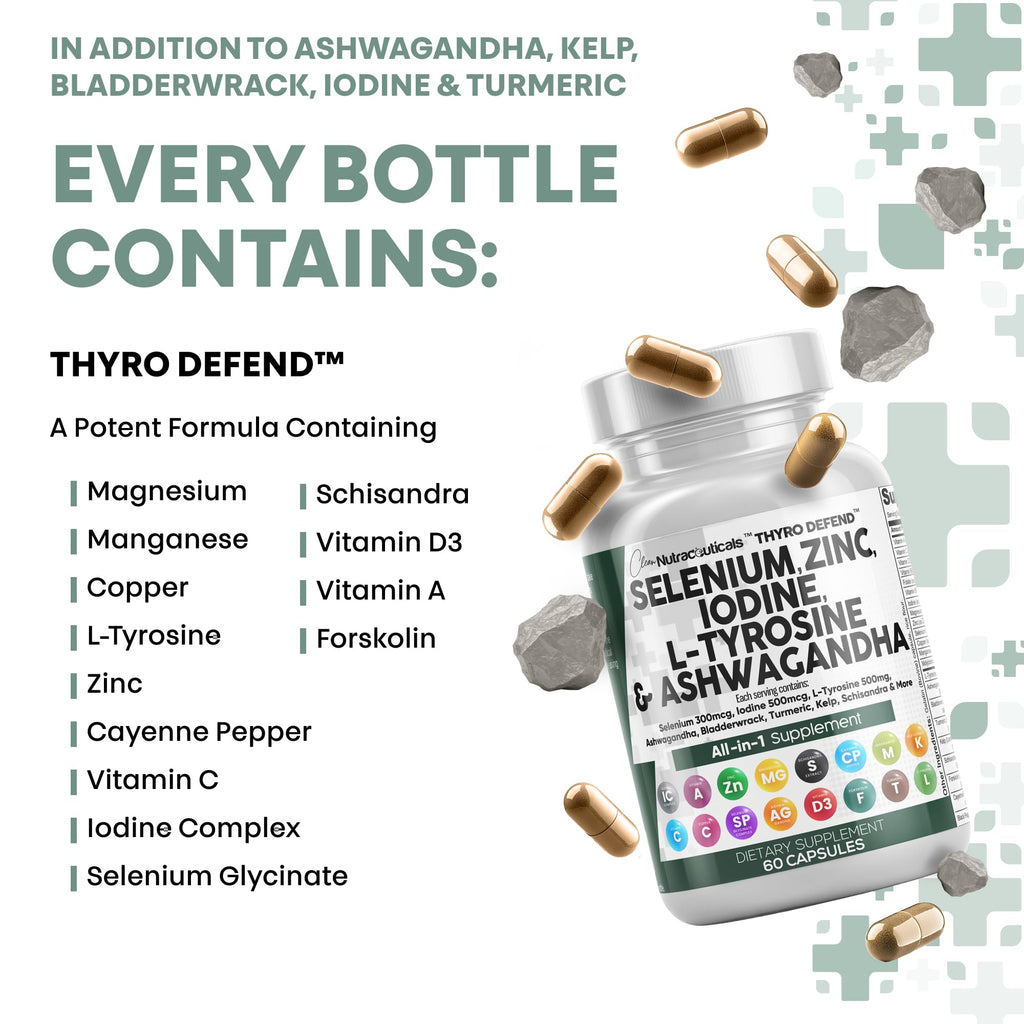 Clean Nutra Selenium 300mcg Iodine 500mcg Thyroid Support for Women & Men | L Tyrosine 500mg Ashwagandha Supplement Bladderwrack, Turmeric, Kelp, Schisandra Zinc Pills Capsule Supplements Clean Nutraceuticals Au supplements