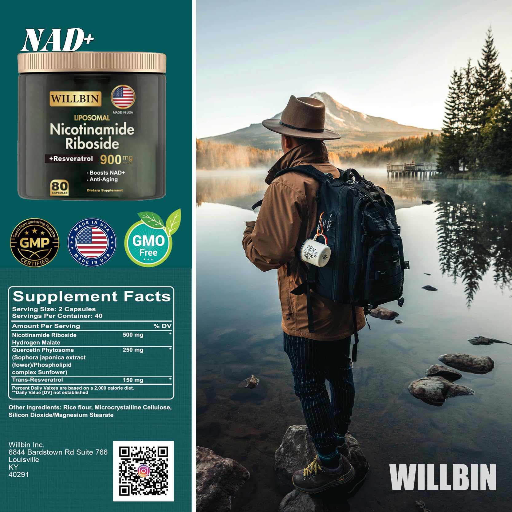 Willbin Liposomal NAD+ Supplement, Nicotinamide Riboside with Resveratrol, NAD Nicotinamide Riboside Boost Energy Focus Anti-Aging for Women & Men - 80 Vegan Capsules Willbin Au supplements