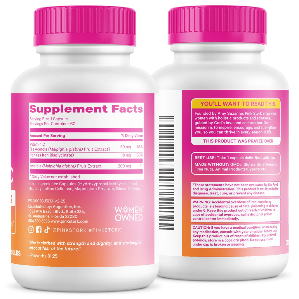 Pink Stork Iron for Women – 18 mg Non-Constipating Iron Bisglycinate + Vitamin C for Optimal Absorption – Energy, Focus, & Oxygen Supply – PMS, Pregnancy, Postpartum & Perimenopause - 60 Capsules Pink Stork Au supplements