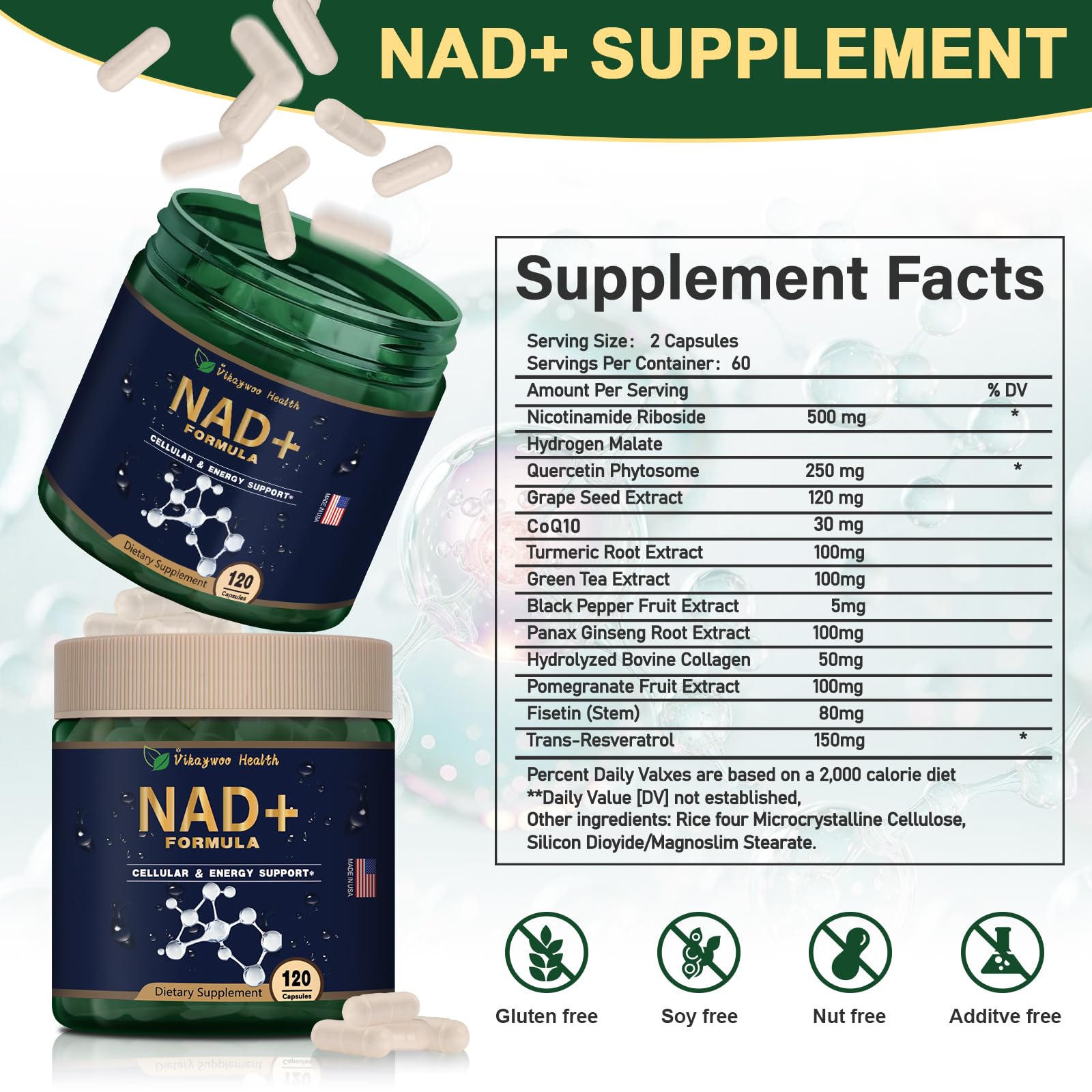 Vikaywoo NAD Supplement 1585 Mg -True NAD & Resveratrol, NMN Alternative Liposomal NAD+ for Women & Men, Support Cellular Health, Stamina & Healthy Aging - 120 Capsules Vikaywoo Au supplements