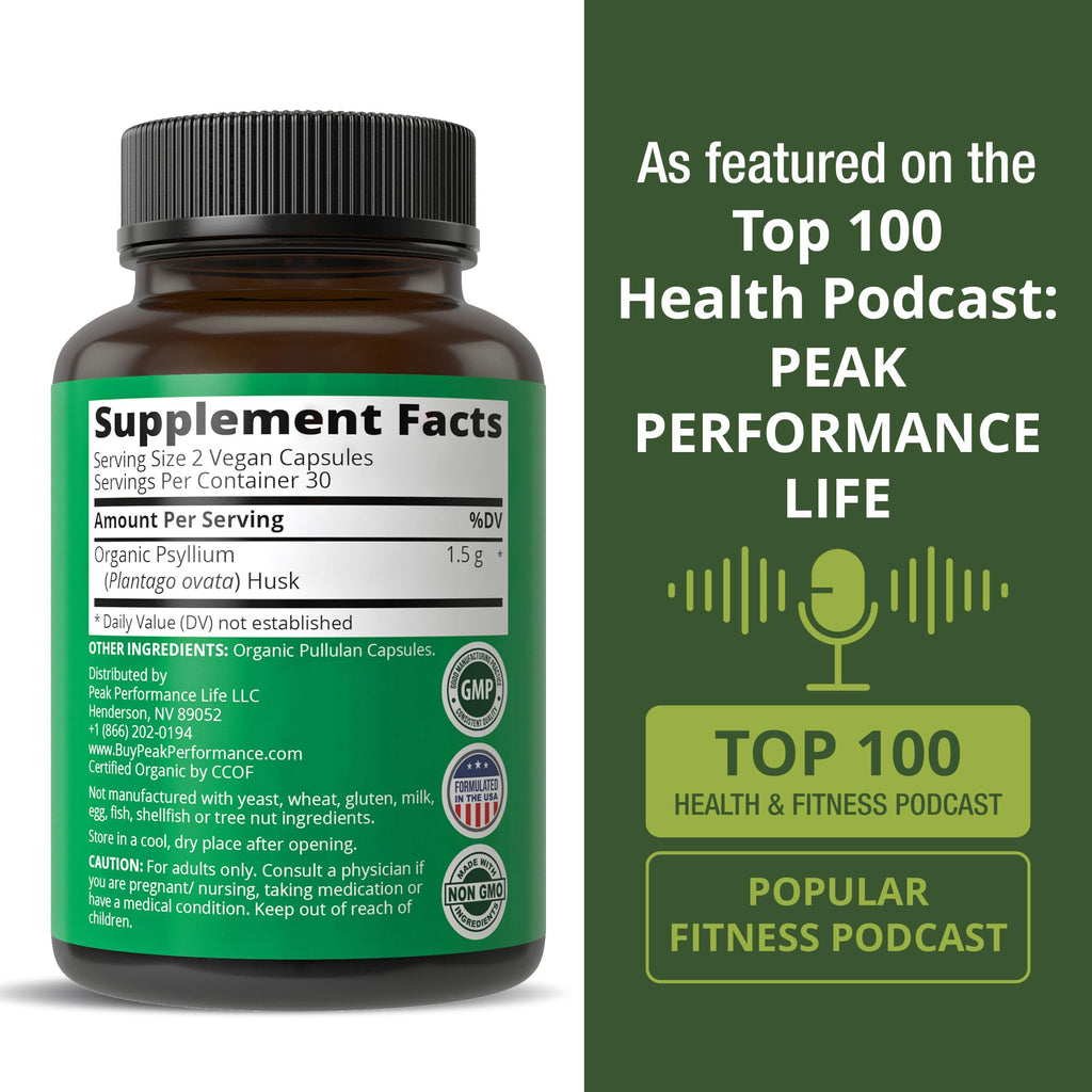USDA Organic Psyllium Husk Vegan Capsules Made with Organic Psyllium Husk Seed. Fiber Supplement for Gut. Digestive Prebiotics. Pills for Digestion, Roughage Without Bloating. Tablets Peak Performance Au supplements
