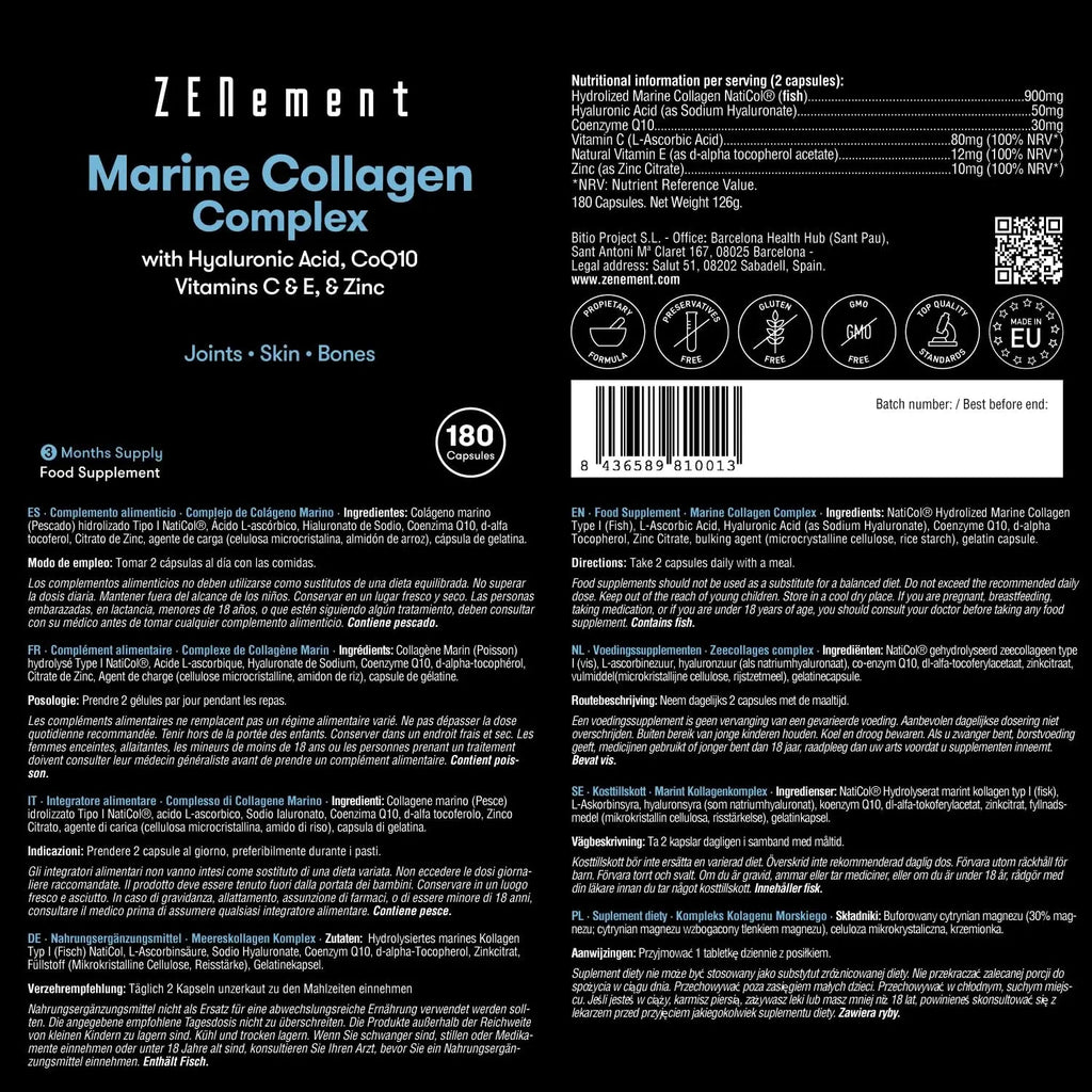 Marine Collagen Complex, with Hyaluronic Acid, CoQ10, Vitamins C & E, & Zinc, 180 Capsules Zenement Au supplements