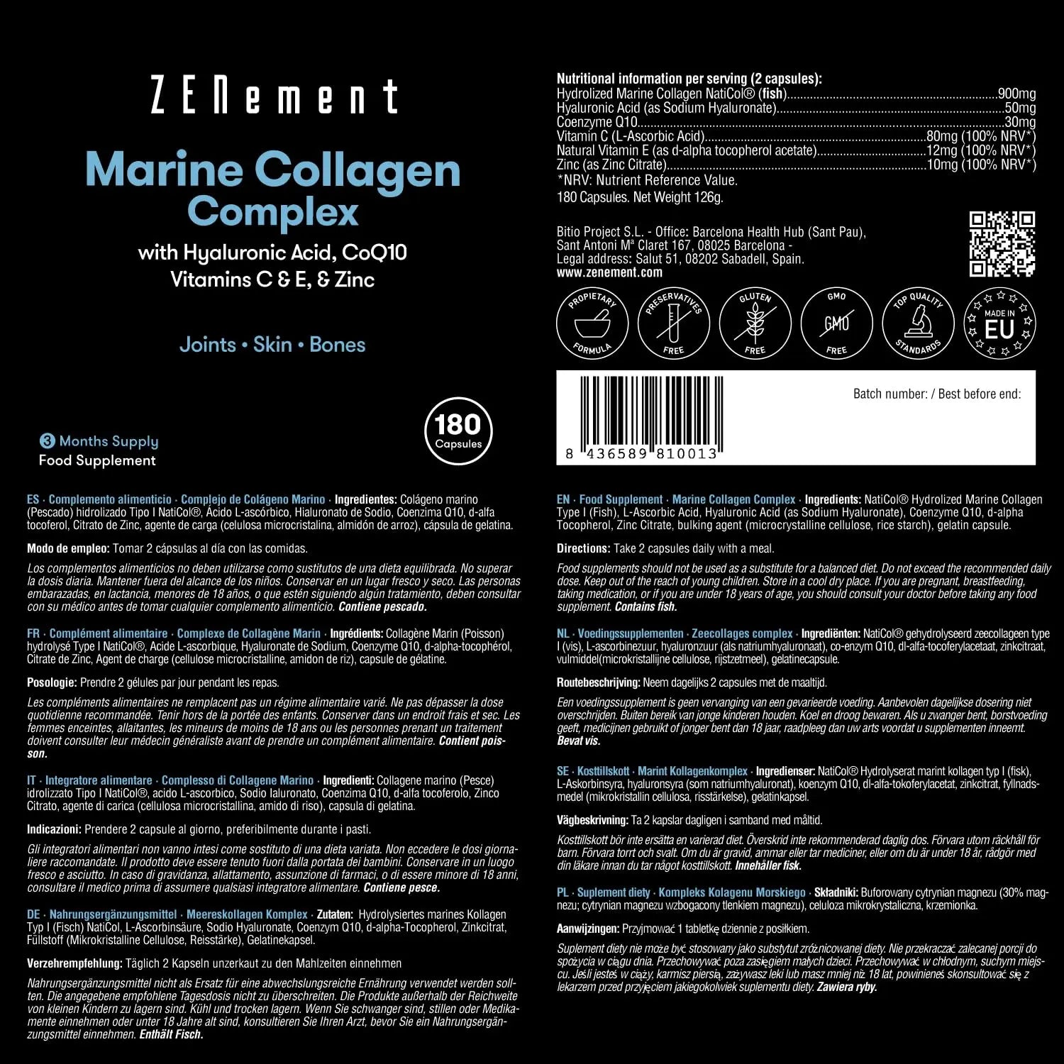 Marine Collagen Complex, with Hyaluronic Acid, CoQ10, Vitamins C & E, & Zinc, 180 Capsules Zenement Au supplements