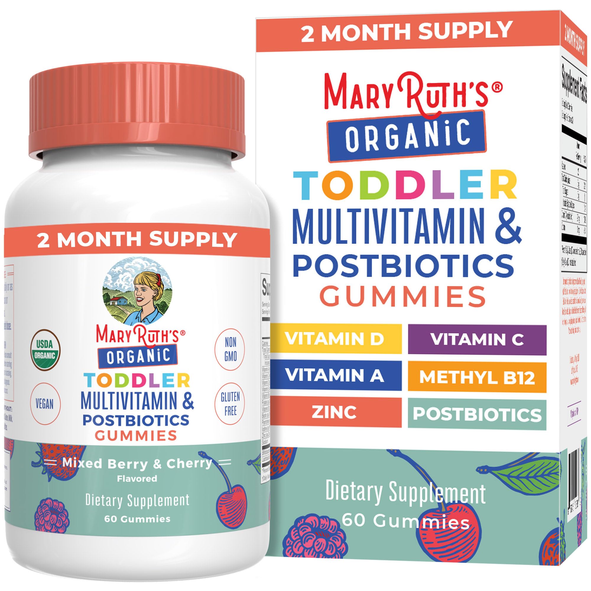 MaryRuth Organics Toddler Multivitamin Gummies + Postbiotics | USDA Organic | Vitamins for Kids Ages 2+ | Immune Support | Vitamin C | Vitamin D3 | Vitamin A | Zinc | Vegan | Non-GMO | 60 Servings MARYRUTH'S Au supplements