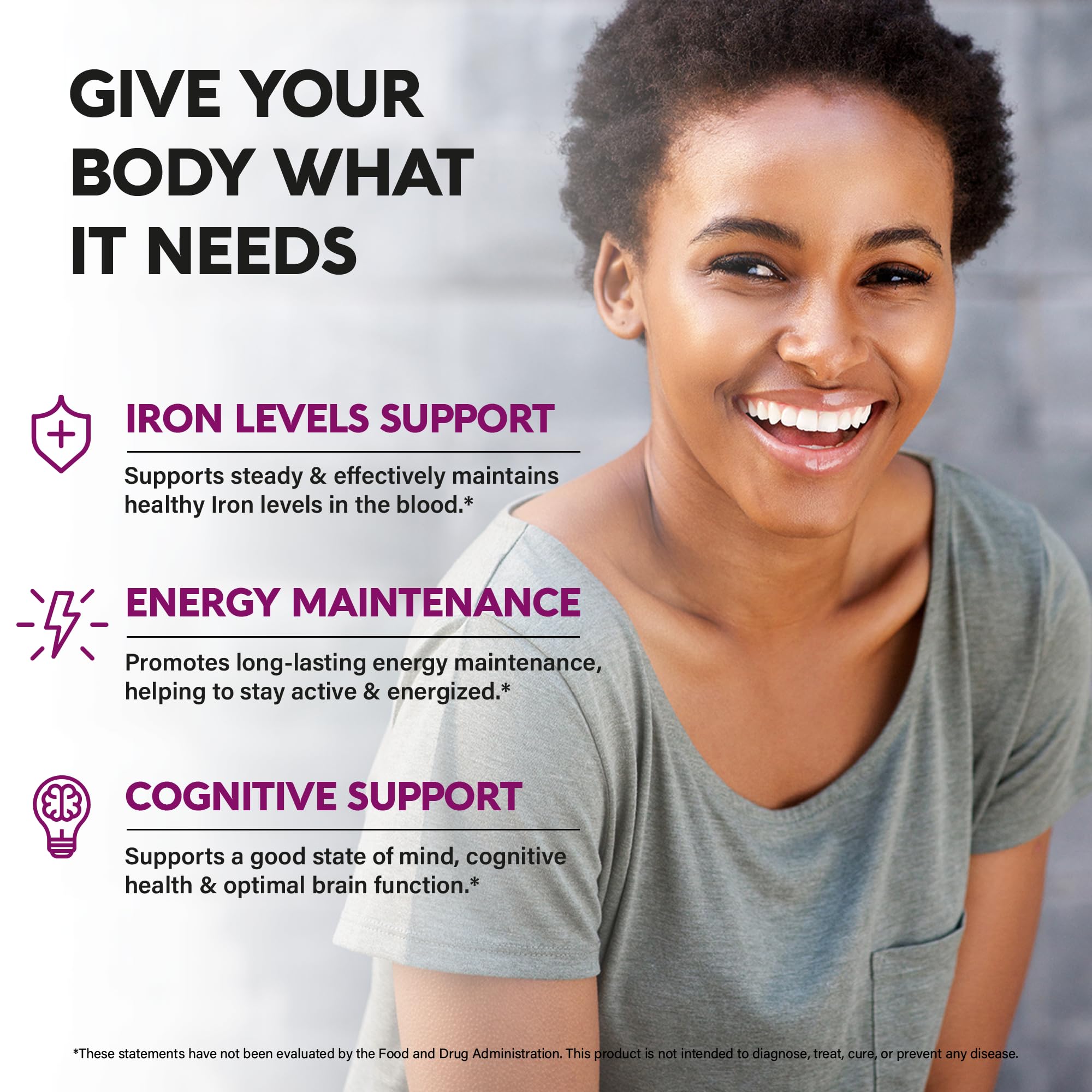 Iron Supplement for Women - Iron 65mg (Ferrous Sulfate 325mg) - Stomach Friendly | Slow Release Iron | High Absorption - Vitamins C, D3, B6, B12 & Folate