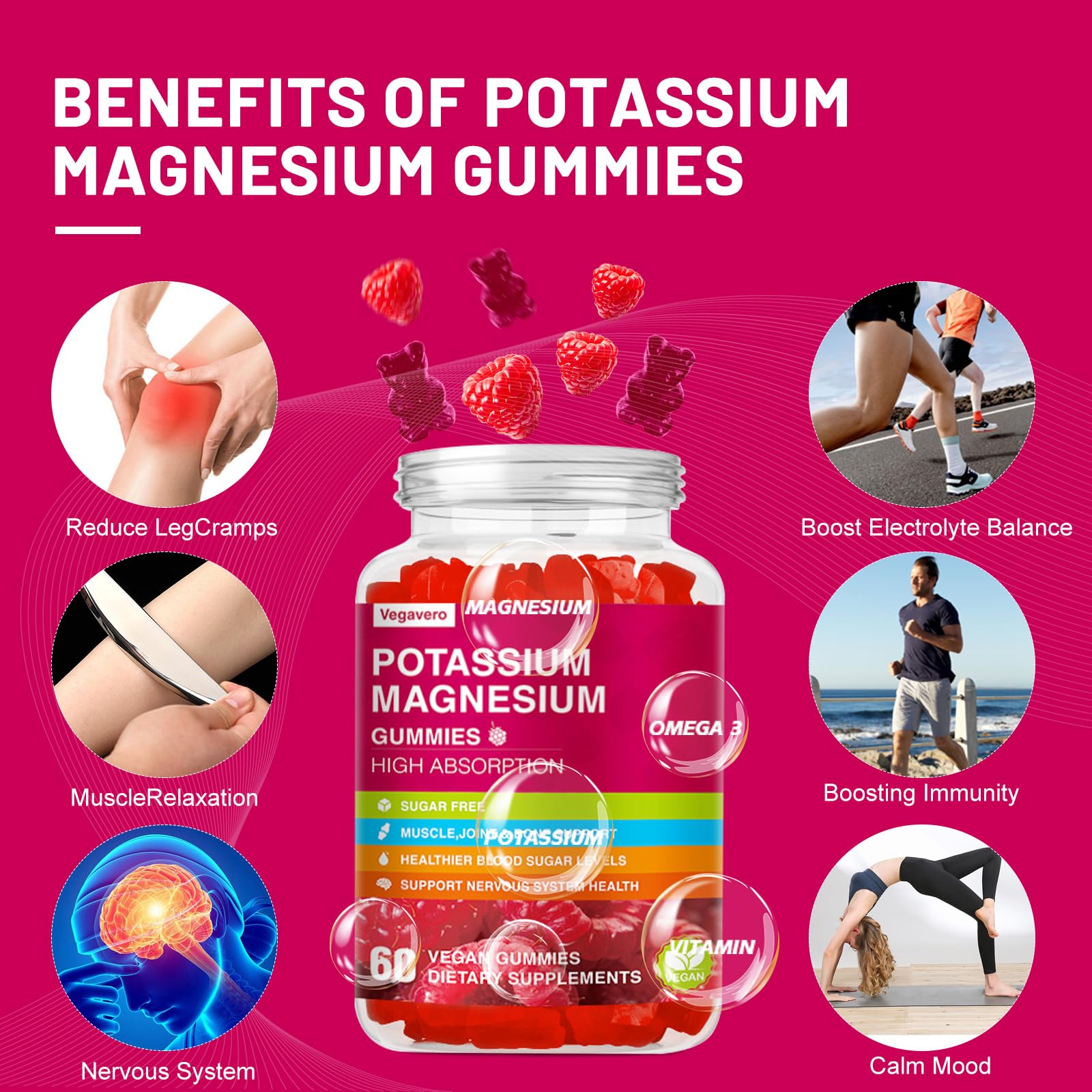 Potassium Magnesium Gummies - High Absorption Magnesium Glycinate & Potassium Citrate Plus Coenzyme Q10, DHA, D3, Mineral & Calcium for Zzz, Leg Cramps & Muscle - 60 Raspberry Gummies Vegavero Au supplements