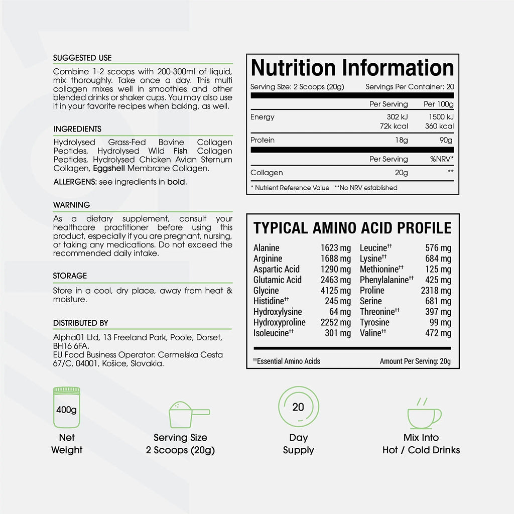 Multi Collagen Protein Powder (400g) - Types I, II, III, V & X - Hydrolyzed Grass Fed Bovine, Wild Caught Fish ALPHA01 Au supplements