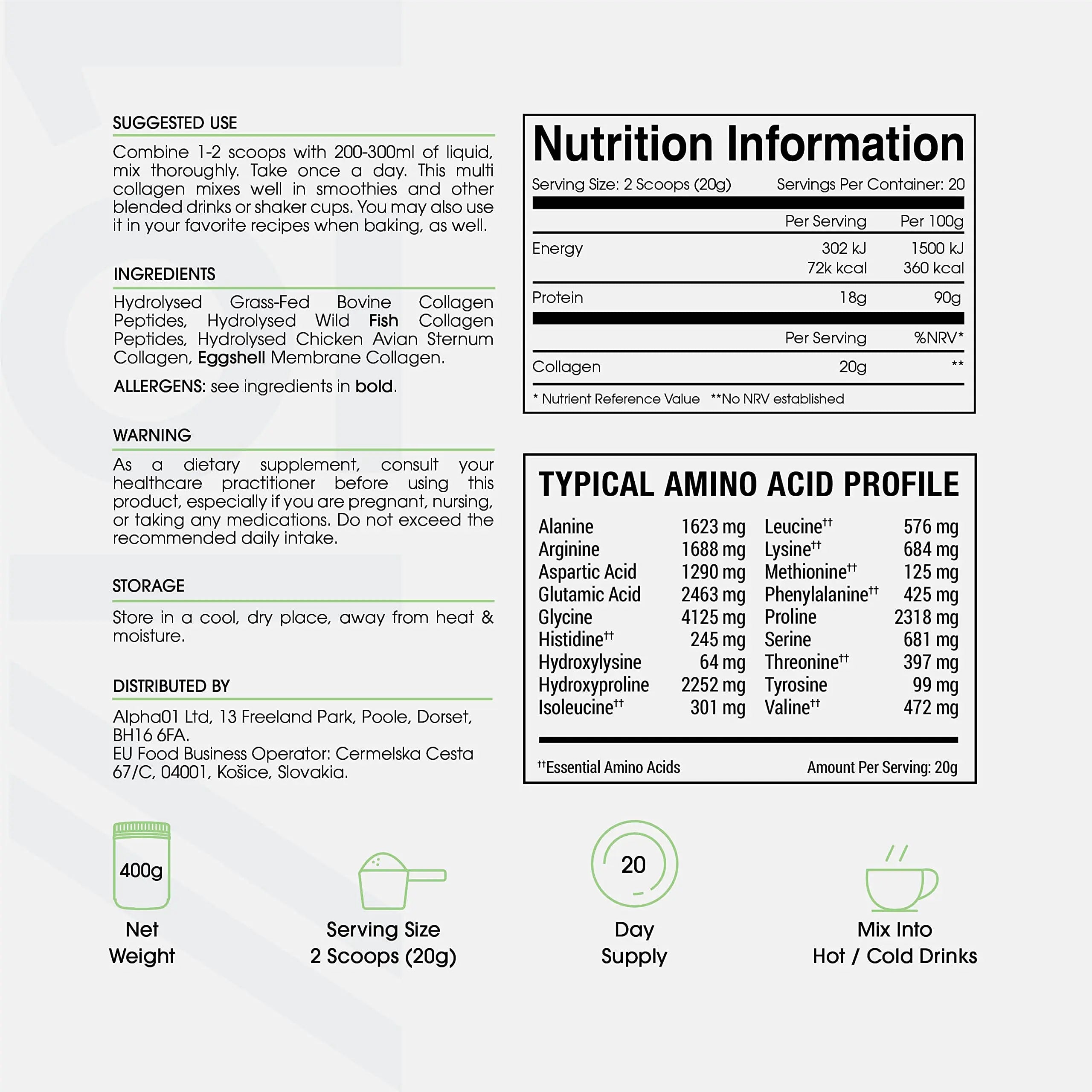 Multi Collagen Protein Powder (400g) - Types I, II, III, V & X - Hydrolyzed Grass Fed Bovine, Wild Caught Fish ALPHA01 Au supplements