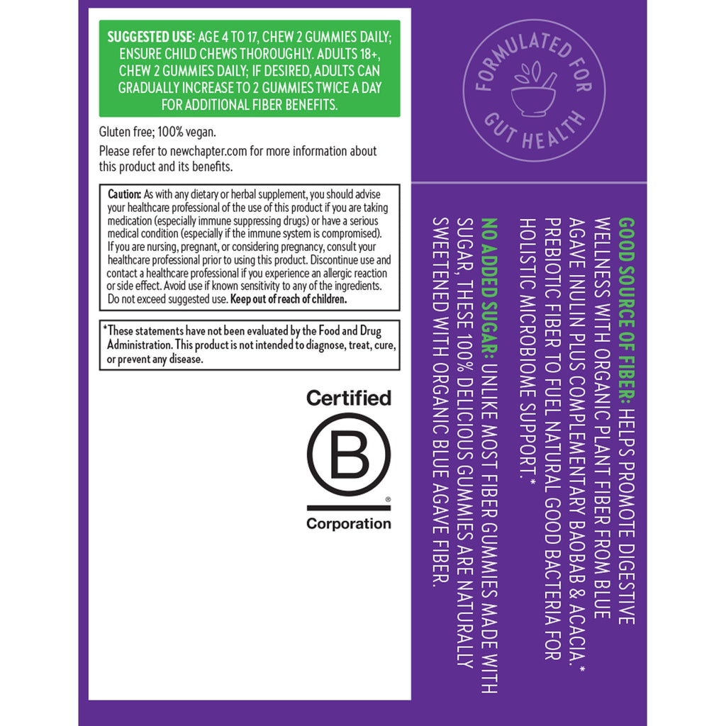 New Chapter Organic Fiber Gummies for Adults & Kids (Age 4+), Plant-Based Prebiotic Fiber for Digestive Health, Vegan, Non-GMO, USDA Organic