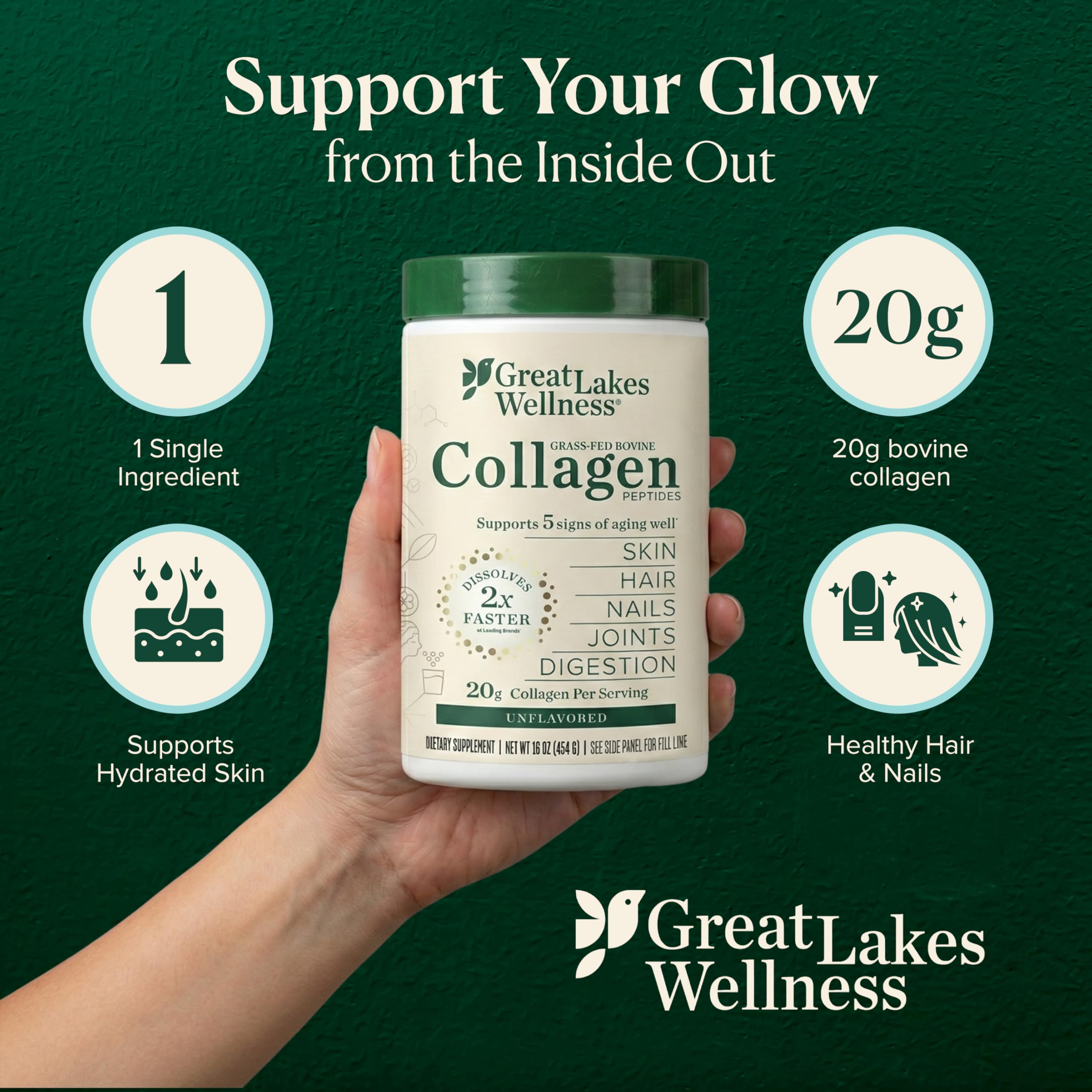 Great Lakes Wellness Collagen Peptides Powder – Supports Skin, Hair, Nails, Joints & Digestion – Hydrolyzed, Quick Dissolve