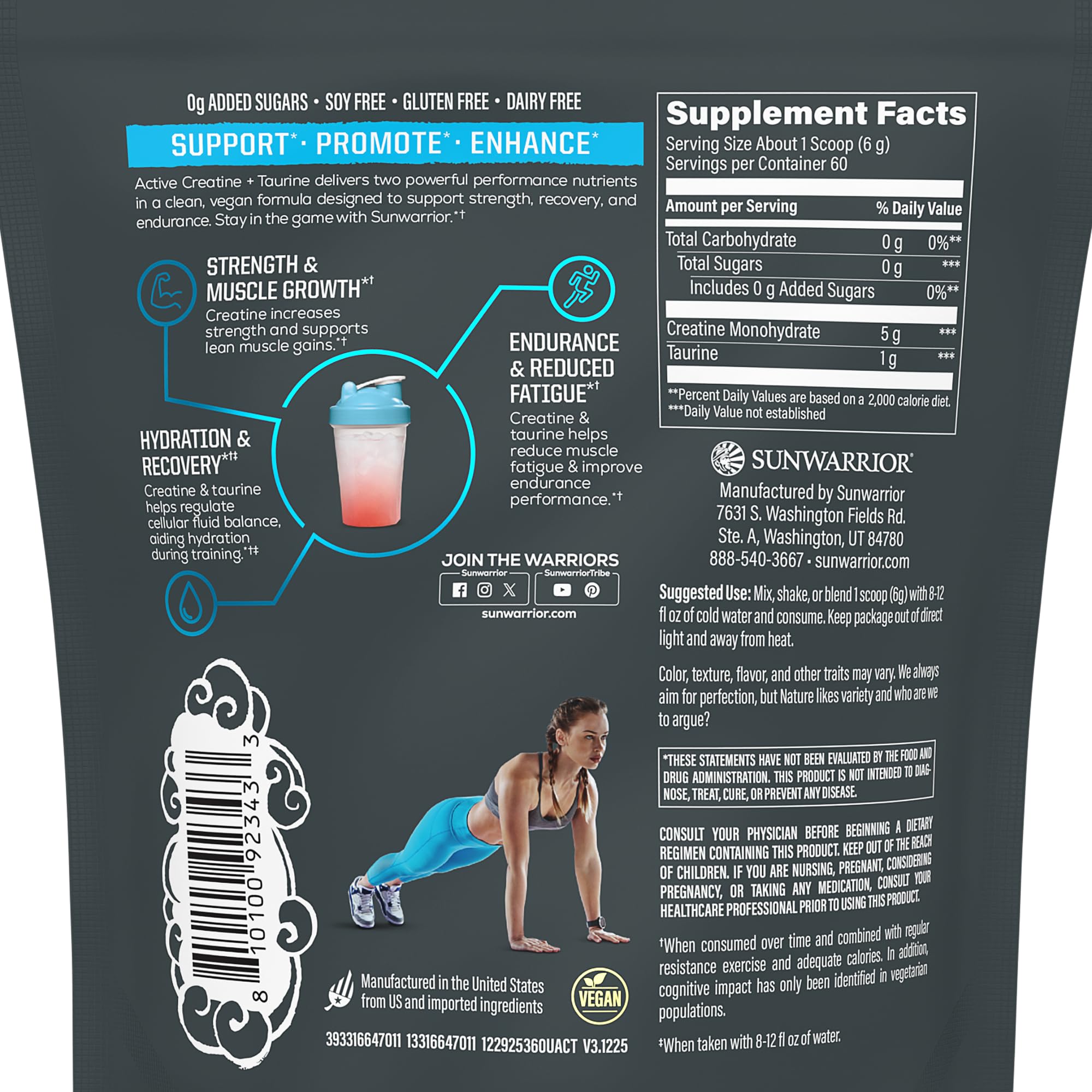 Creatine Monohydrate Powder Taurine Supplement, 5g Creatine Monohydrate 1g Taurine per Serving | Vegan Muscle Strength, Endurance & Recovery Support, Clean Performance Formula | 60 Servings Unflavored Sunwarrior Au supplements