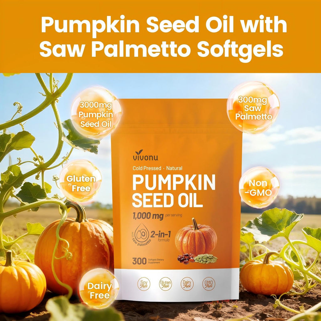 VivoNu Pumpkin Seed Oil with Saw Palmetto Capsules | Cold Pressed, Pure Virgin Oil, Essential Fatty Acids & Phytosterols | 300 SoftgelsSupports Hair, Urinary